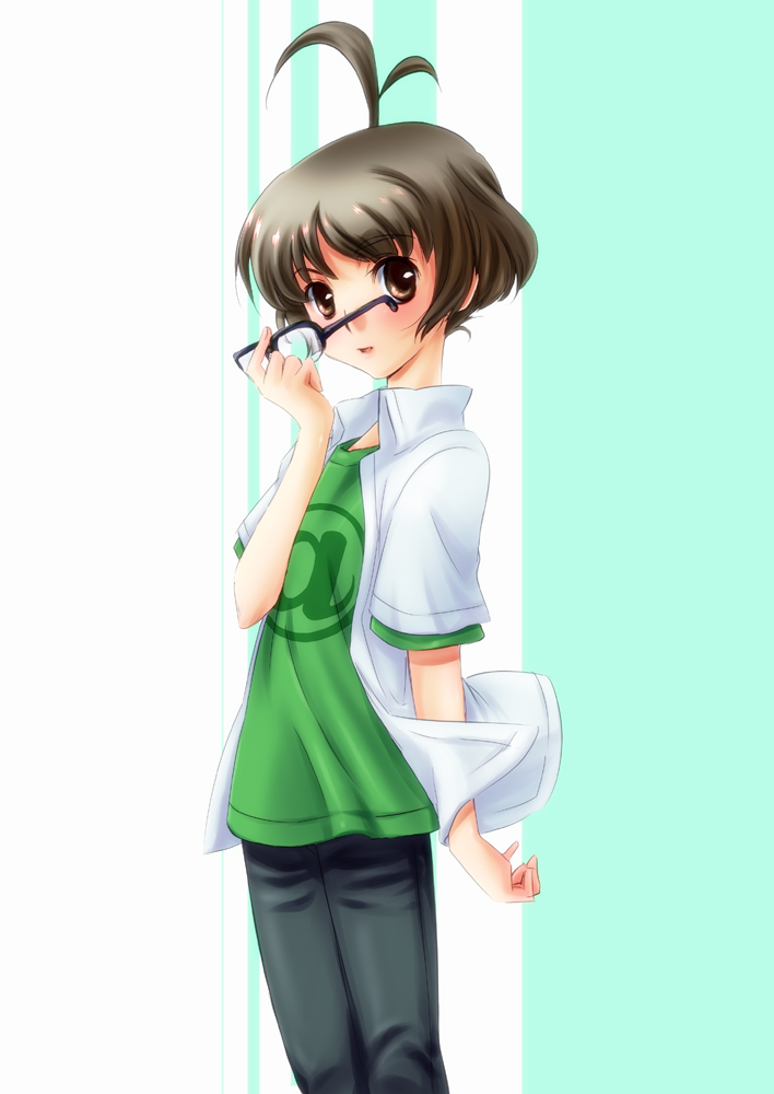 kawagoe pochi, akizuki ryo, idolmaster, idolmaster dearly stars, bad id, bad pixiv id, 00s, 1boy, androgynous, antenna hair, brown eyes, brown hair, glasses, male focus, short hair, smile, solo, trap