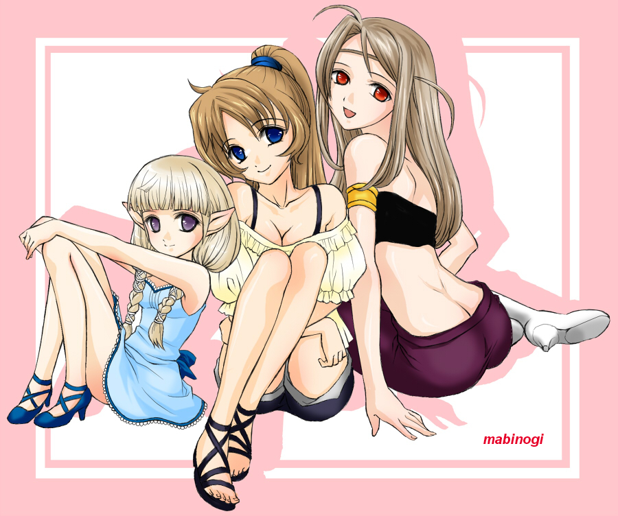 harumokoko, effie (mabinogi), kelpie, meles, osla, mabinogi, bad id, bad pixiv id, 3girls, ahoge, ankle lace-up, armlet, bandeau, blonde hair, blue eyes, boots, braid, breasts, brown hair, butt crack, child, cleavage, high heels, jewelry, long hair, looking back, medium breasts, multiple girls, off shoulder, pointy ears, ponytail, purple eyes, red eyes, sandals, shoes, shorts, sitting, smile, strapless, tube top, twin braids