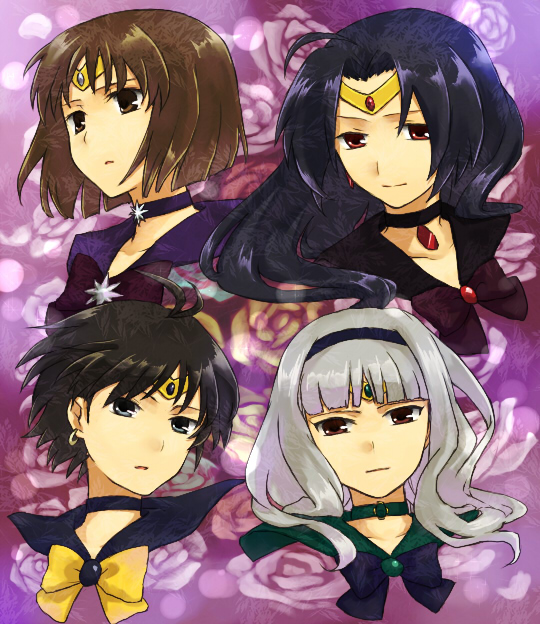 himetsuba, hagiwara yukiho, kikuchi makoto, miura azusa, sailor jupiter, sailor neptune, sailor pluto, sailor saturn, sailor uranus, shijou takane, bishoujo senshi sailor moon, idolmaster, idolmaster (classic), black neckwear, bad id, bad pixiv id, 4girls, blue bow, blue sailor collar, bow, brooch, cosplay, jewelry, magical girl, multiple girls, outer senshi, profile, purple bow, sailor collar, sailor jupiter (cosplay), sailor neptune (cosplay), sailor pluto (cosplay), sailor saturn (cosplay), sailor senshi, sailor uranus (cosplay), star brooch, yellow bow