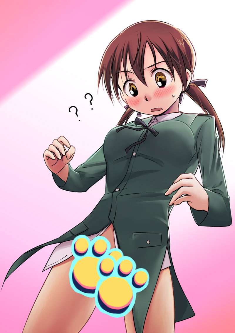 niina ryou, gertrud barkhorn, strike witches, world witches series, uniform, bad id, bad pixiv id, 00s, 1girl, ?, blush, brown eyes, brown hair, female focus, no panties, paw print, short hair, solo, twintails
