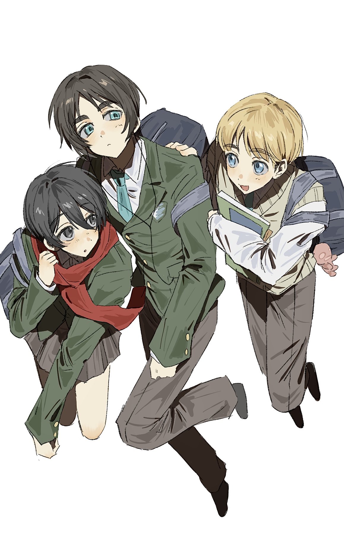 armin arlert, eren yeager, mikasa ackerman, shingeki no kyojin, highres, aqua necktie, backpack, bag, black hair, blonde hair, blue eyes, book, brown hair, collared shirt, full body, green jacket, grey eyes, grey pants, grey skirt, grey sweater vest, hair between eyes, hand on another's shoulder, headphones, holding, holding book, jacket, looking at another, necktie, negiii to 1, open mouth, pants, parted bangs, red scarf, scarf, school uniform, shirt, short hair, skirt, smile, suit jacket, survey corps (emblem), sweater vest, white background, white shirt
