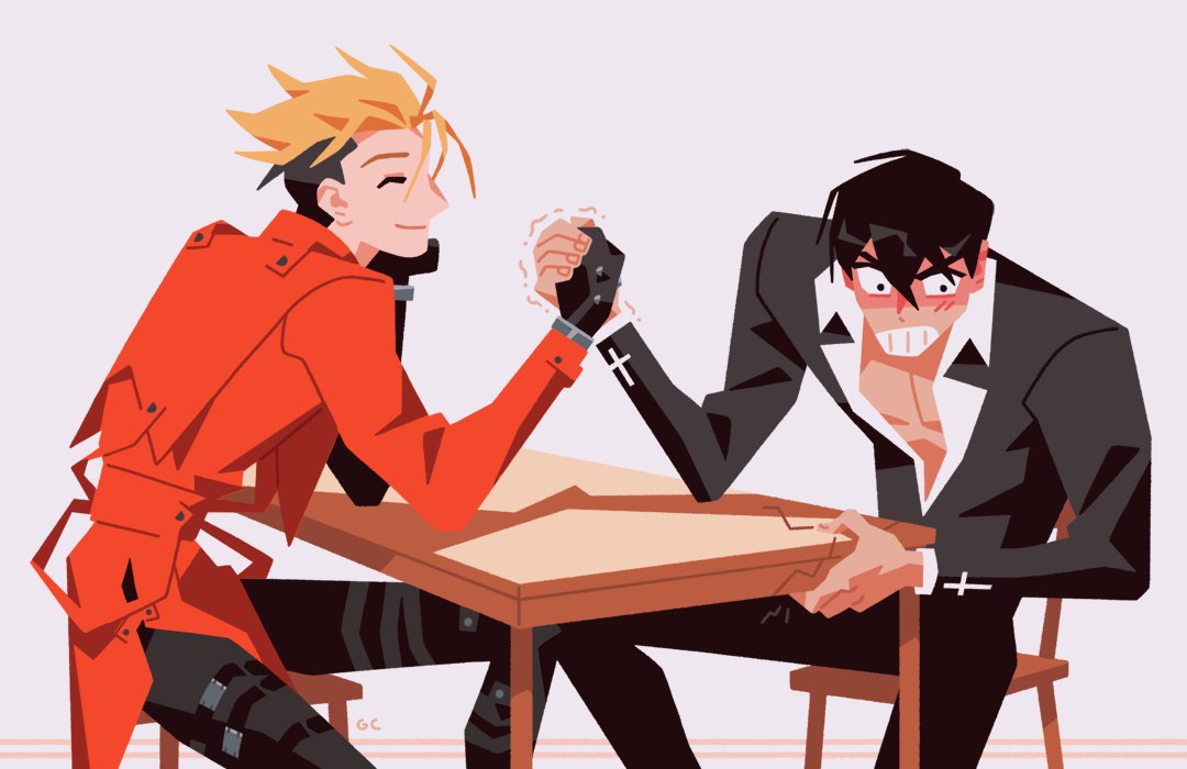 genice chan, nicholas d. wolfwood, vash the stampede, trigun, trigun stampede, commentary, english commentary, 2boys, ^ ^, arm wrestling, bare pectorals, belt, black belt, black gloves, black hair, black pants, blonde hair, chair, clenched teeth, closed eyes, closed mouth, coat, collared shirt, cross, elbow on table, gloves, head rest, layered sleeves, long sleeves, male focus, multicolored hair, multiple boys, open collar, pants, pectorals, red coat, shirt, short hair, simple background, sitting, smile, table, teeth, thigh belt, thigh strap, trembling, two-tone hair, white background, white shirt, wide-eyed, wing collar