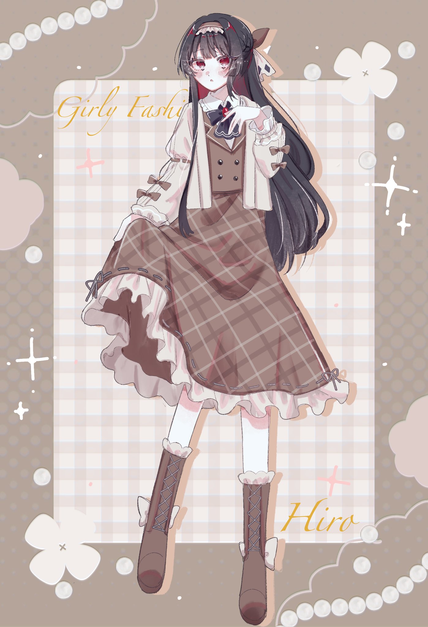 nikaido hiro, mahou shoujo no majo saiban, commentary request, highres, 1girl, alternate costume, black hair, boots, brown background, brown boots, brown hairband, brown jacket, brown skirt, casual, character name, full body, hairband, hand on own chest, hand up, jacket, knee boots, long hair, long sleeves, looking at viewer, mitobari, plaid clothes, plaid skirt, red eyes, skirt, skirt hold, solo, sparkle, standing