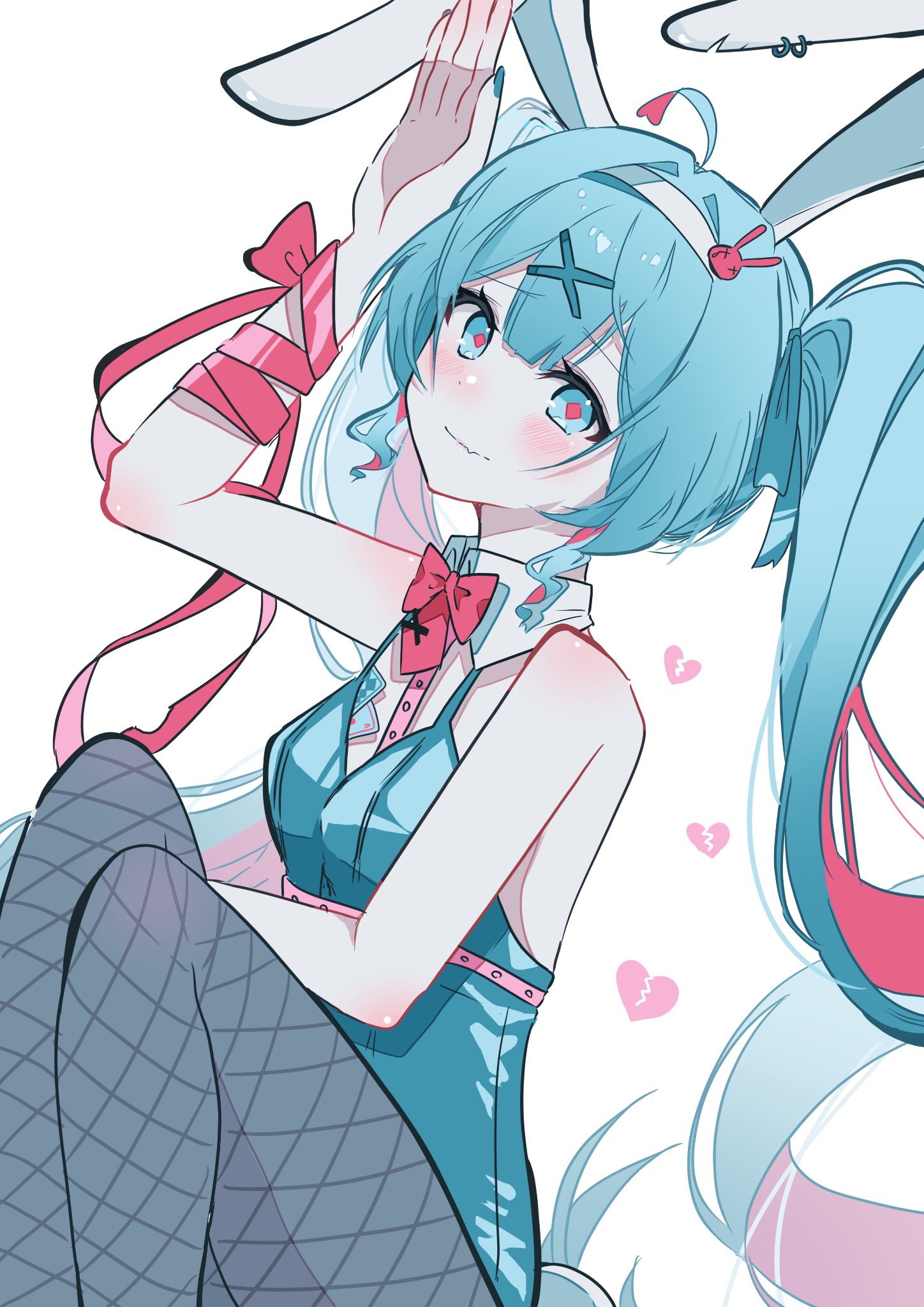 ria art, hatsune miku, rabbit hole (vocaloid), vocaloid, commentary, highres, 1girl, ahoge, animal ears, aqua eyes, aqua hair, aqua leotard, aqua nails, aqua ribbon, bow, bowtie, broken heart, card, center-flap bangs, colored inner hair, detached collar, fingernails, fishnet pantyhose, fishnets, grey pantyhose, hair ornament, hair ribbon, hairband, hand up, heart, leotard, long hair, looking at viewer, multicolored hair, nail polish, pantyhose, pink bow, pink bowtie, pink hair, pink pupils, pink ribbon, playboy bunny, playing card, rabbit ears, ribbon, smile, twintails, very long hair, white background, white hairband, wrist ribbon, x hair ornament