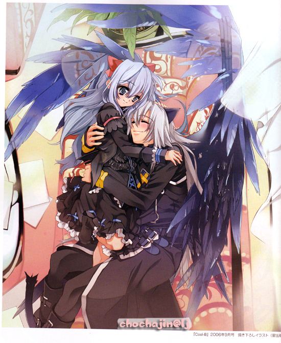 toujou sakana, ashe (under the moon), kyle (under the moon), under the moon, silver hair, angel wings, animal ears, blue eyes, blue hair, cat ears, closed eyes, dress, hug, long hair, smile, watermark, wings