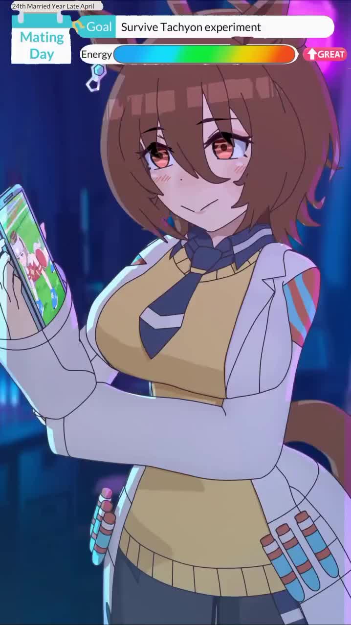 amplected, soullesssenseii, agnes tachyon (tach-nology) (umamusume), agnes tachyon (umamusume), gold ship (umamusume), trainer (umamusume), tralalero tralala, nike (company), umamusume, ai-synthesized speech, animated, audible speech, commentary, english audio, english commentary, highres, second-party source, sound, video, 1boy, 1girl, 3d, :>, :3, ai-generated art (topic), all fours, alternate breast size (larger), animal ears, blue shoes, blunt bangs, breasts, brown hair, brown hat, cellphone, coat, dress, english text, eyebrows hidden by hair, grey hair, hat, heads-up display, holding, holding phone, horse ears, horse girl, horse tail, indoors, italian audio, italian brainrot ai animals (meme), lab coat, lapels, large breasts, long hair, meme, notched lapels, phone, pillbox hat, pov, pov hands, purple eyes, red dress, shoes, sleeveless, sleeveless dress, smartphone, solo focus, sweater, sweater vest, tail, test tube, the black missus (voice actor), upper body, user interface, viewer holding phone, white coat, yellow sweater, yellow sweater vest