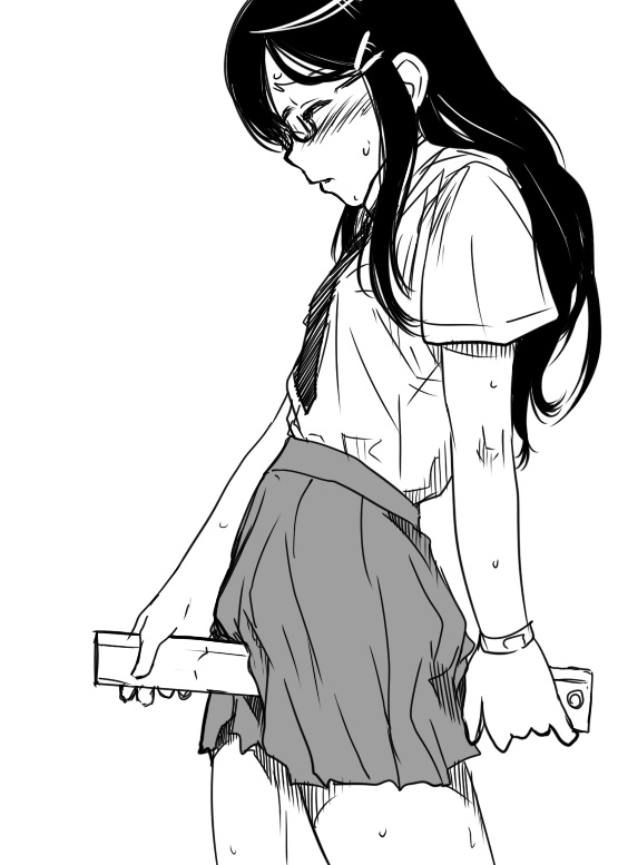 sakaki imasato, 1girl, blush, closed eyes, clothed masturbation, crotch rub, female focus, female masturbation, glasses, greyscale, hair ornament, hairclip, masturbation, monochrome, necktie, school uniform, solo, sweat, watch, wristwatch