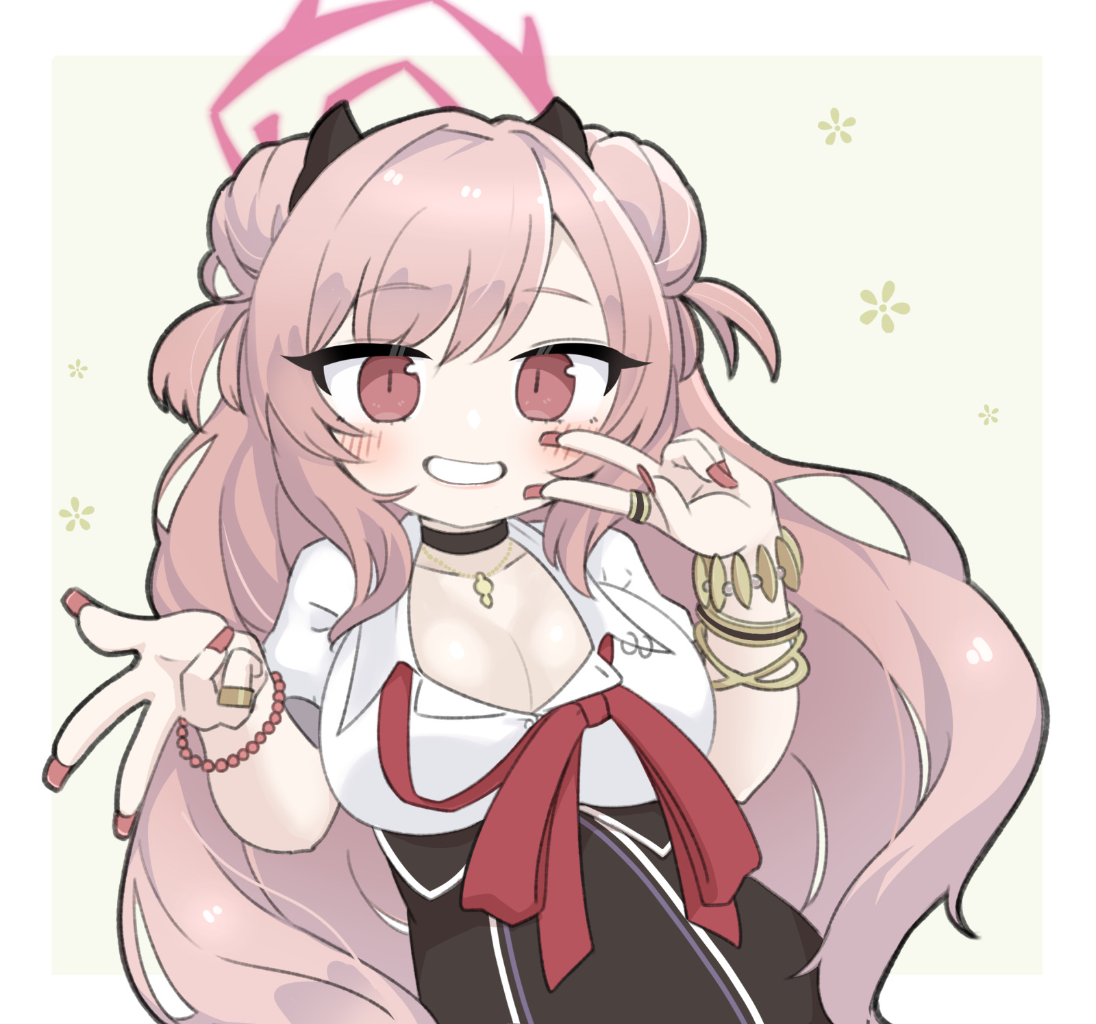 miranofuudoria, kirara (blue archive), blue archive, highres, 1girl, bangle, bead bracelet, beads, black choker, black skirt, blush, border, bracelet, breasts, brown hair, choker, cleavage, double bun, fingernails, green background, gyaru, hair bun, halo, high-waist skirt, horns, jewelry, large breasts, long fingernails, long hair, looking at viewer, puffy short sleeves, puffy sleeves, red eyes, red nails, ring, school uniform, short sleeves, skirt, smile, solo, two side up, very long hair, white border