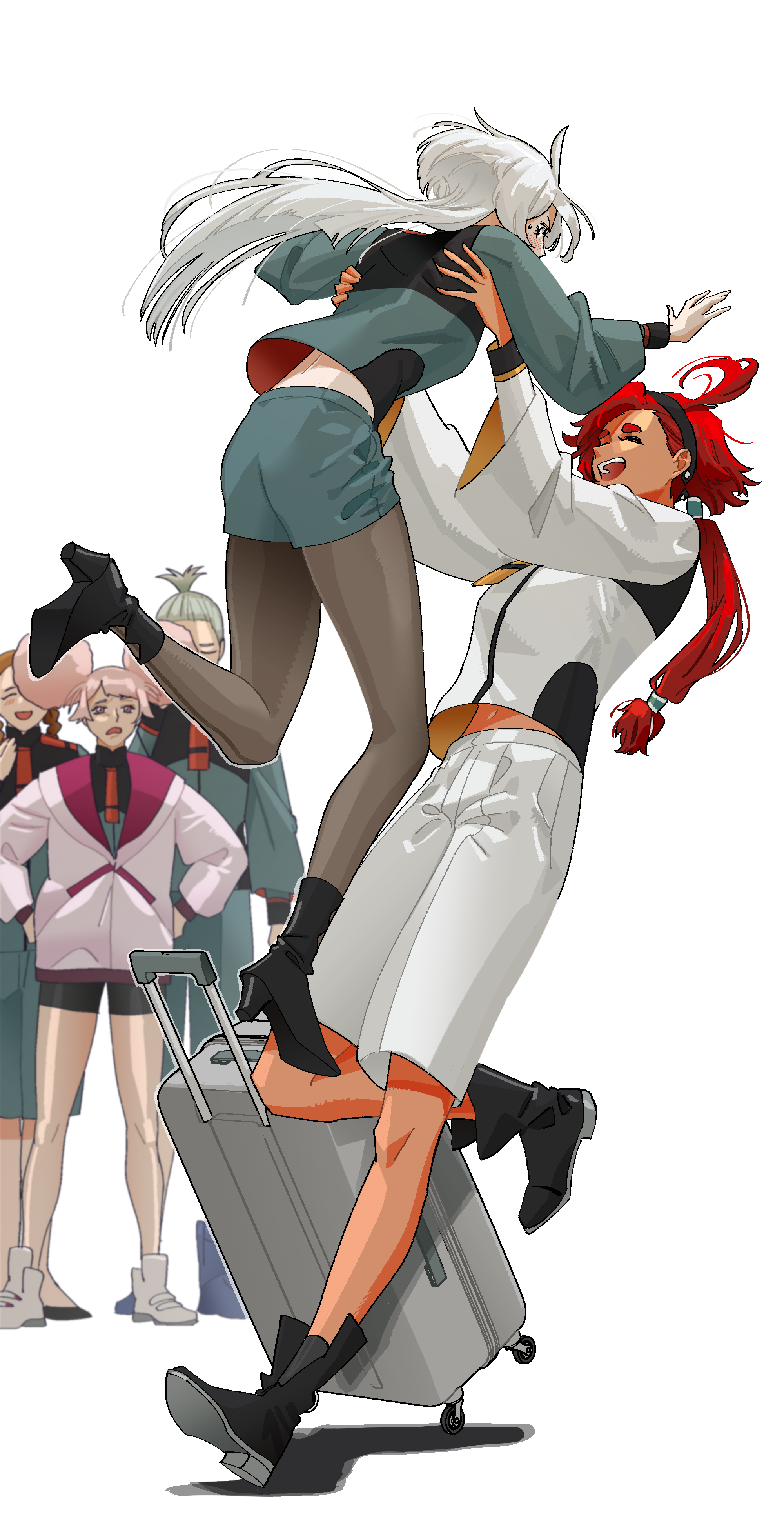 snapagi, chuatury panlunch, lilique kadoka lipati, miorine rembran, suletta mercury, till nys, gundam, gundam suisei no majo, absurdres, commentary request, highres, korean commentary, 1boy, 4girls, asticassia school uniform, black boots, black hairband, black pantyhose, blush, boots, brown hair, carrying, carrying person, closed eyes, double bun, green jacket, green shorts, grey hair, hair bun, hairband, jacket, long hair, midriff peek, multiple girls, open mouth, pantyhose, pink hair, pink jacket, ponytail, red hair, rolling suitcase, school uniform, shorts, simple background, smile, suitcase, thick eyebrows, white background, white hair, white jacket, white shorts