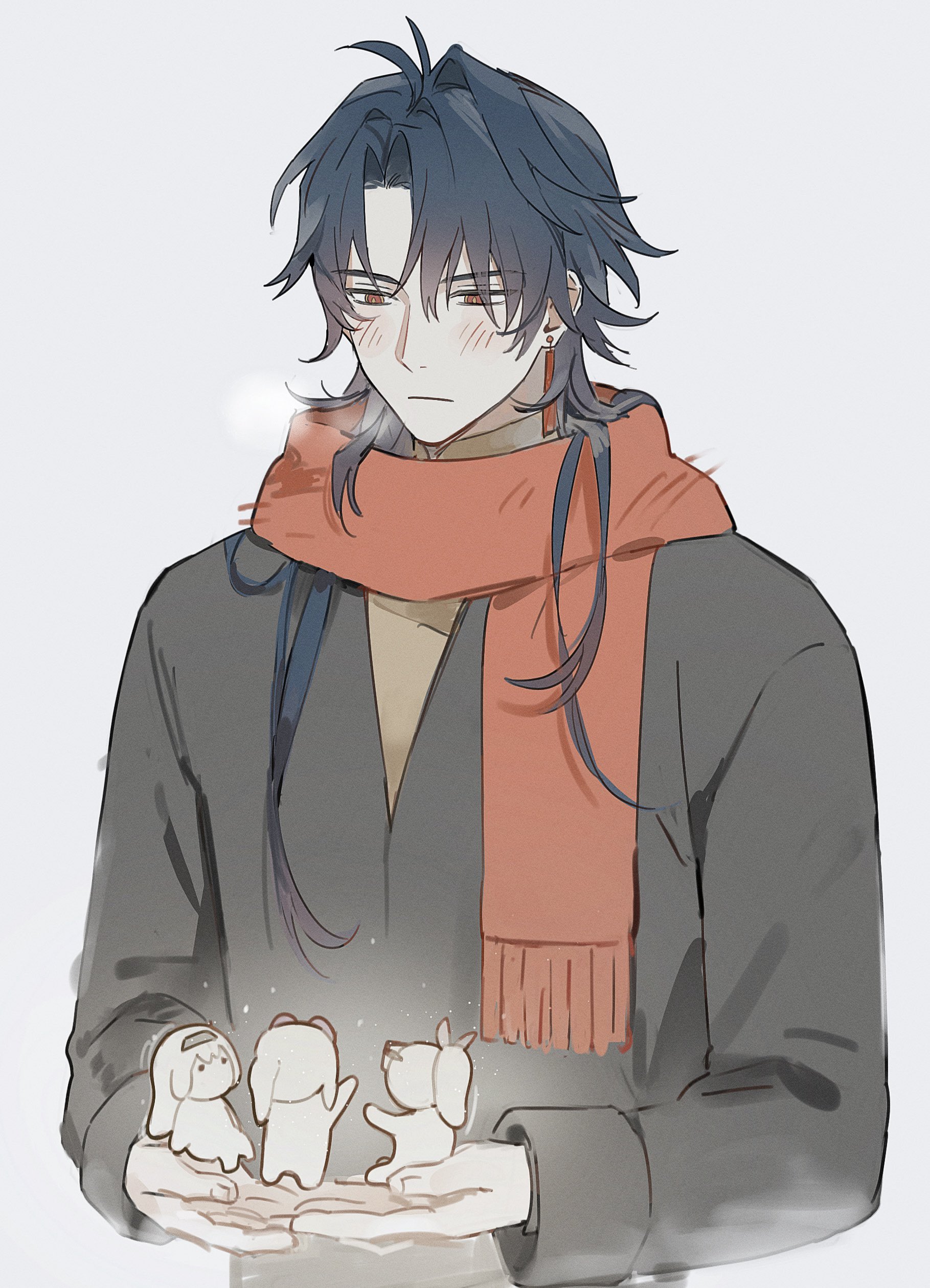 blade (honkai: star rail), firefly (honkai: star rail), kafka (honkai: star rail), silver wolf (honkai: star rail), honkai: star rail, honkai (series), absurdres, hashtag-only commentary, highres, 1boy, 3others, black coat, black hair, blush, closed mouth, coat, earrings, grey background, jewelry, long hair, long sleeves, looking down, male focus, muhan012, multiple others, parted hair, piercing, red eyes, red scarf, scarf, simple background, solo focus, stud earrings, upper body