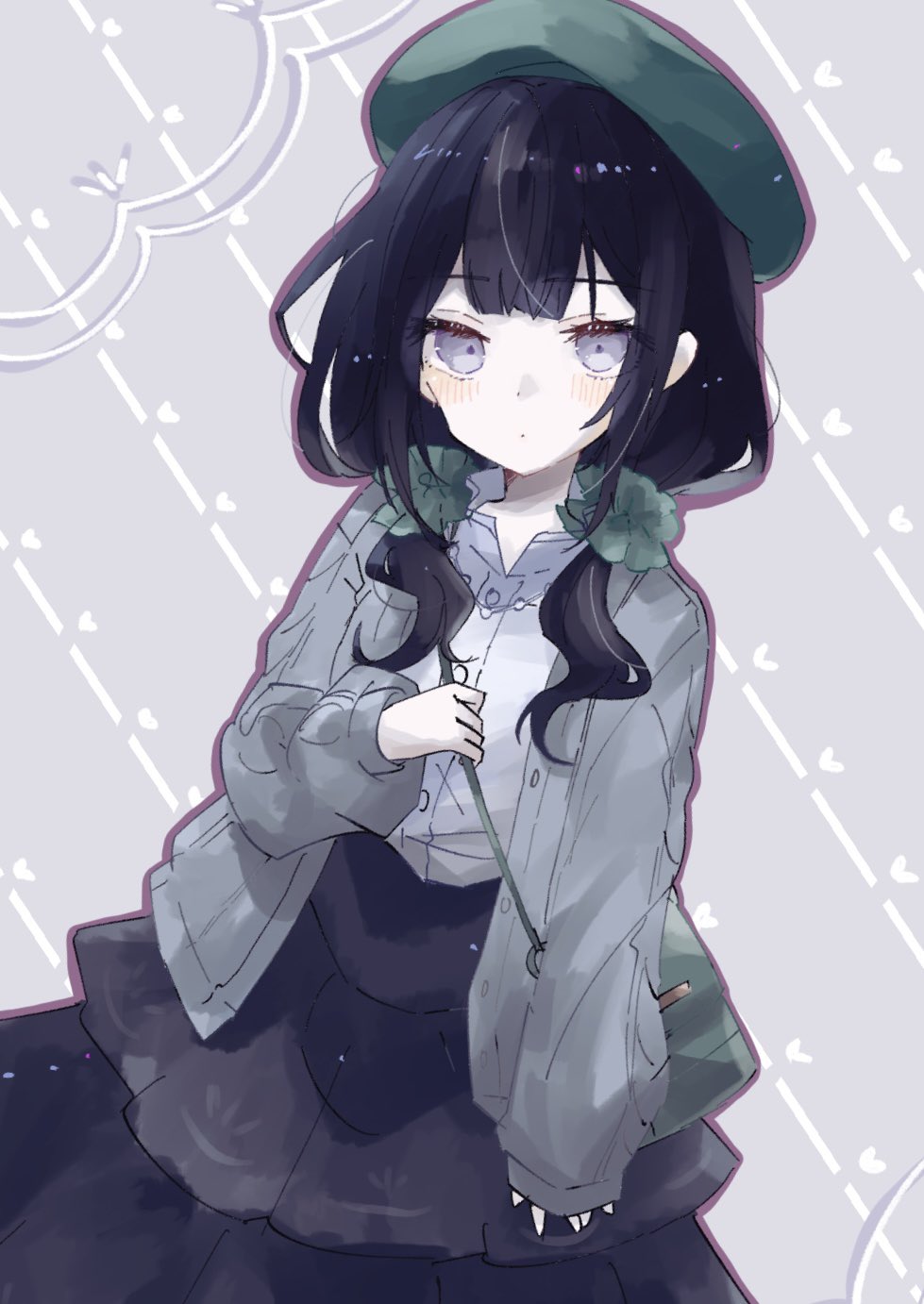 kurobe nanoka, book off, mahou shoujo no majo saiban, highres, 1girl, aida dyon, beret, black hair, black skirt, blunt bangs, cardigan, closed mouth, cowboy shot, green bag, green cardigan, green hat, green scrunchie, grey background, grey eyes, hat, long hair, looking at viewer, low twintails, official alternate costume, scrunchie, shirt, skirt, solo, standing, twintails, white shirt