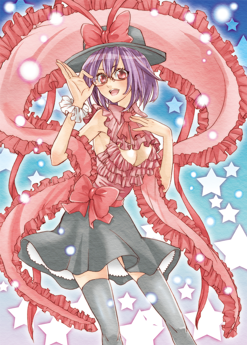 midorikoichi, midouriko, nagae iku, touhou, 1girl, adjusting eyewear, bespectacled, breasts, cleavage, female focus, frills, glasses, hat, large breasts, purple hair, red eyes, shawl, short hair, solo, thighhighs, zettai ryouiki