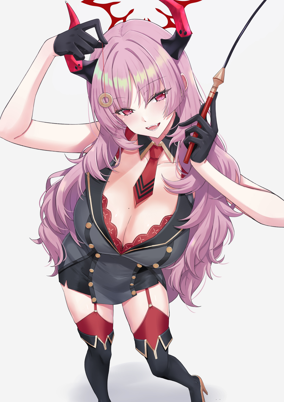asya, satsuki (blue archive), blue archive, commentary request, highres, 1girl, :d, black boots, black gloves, blush, boots, bra, bra peek, breasts, cleavage, detached collar, gloves, halo, high heel boots, high heels, holding, holding pendulum, horns, large breasts, long hair, looking at viewer, mole, mole on breast, necktie, open mouth, pendulum, pink eyes, pink hair, red bra, red halo, red horns, red necktie, red thighhighs, simple background, smile, solo, standing, thigh boots, thighhighs, thighhighs under boots, underwear