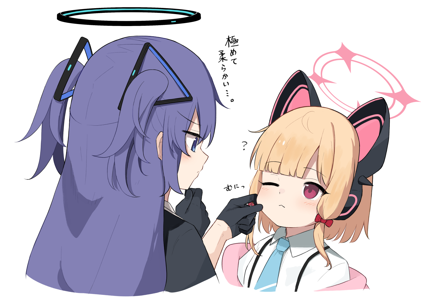 yoimura, momoi (blue archive), yuuka (blue archive), blue archive, commentary request, translation request, 2girls, ;<, ?, black gloves, black halo, black jacket, blonde hair, blue eyes, blue necktie, blunt bangs, blush, bow, cheek pull, closed mouth, collared shirt, cropped shoulders, gloves, hair bow, hair ornament, halo, jacket, long hair, looking at another, low-tied sidelocks, mechanical halo, multiple girls, necktie, off shoulder, one eye closed, parted bangs, pink eyes, pink halo, pink jacket, profile, purple hair, red bow, shirt, short hair, sidelocks, simple background, suspenders, triangle hair ornament, two side up, upper body, white background, white shirt