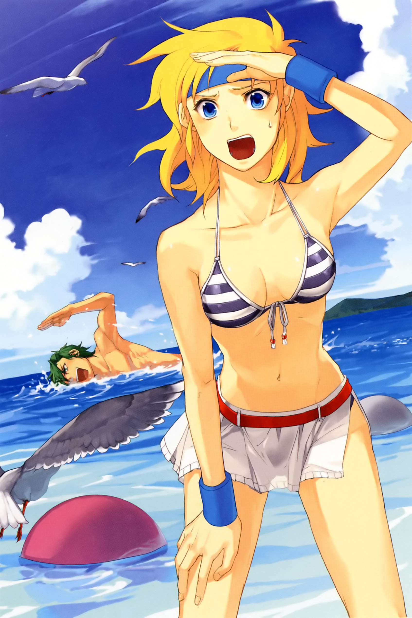 yuikawa kazuno, lune zoldark, masaki andoh, banpresto, super robot wars, super robot wars original generation, super robot wars the lord of elemental, absurdres, highres, 1boy, 1girl, bikini, bikini top only, bird, blonde hair, blue eyes, day, front-tie top, green hair, headband, navel, seagull, short hair, skirt, swimming, swimsuit, water, wristband