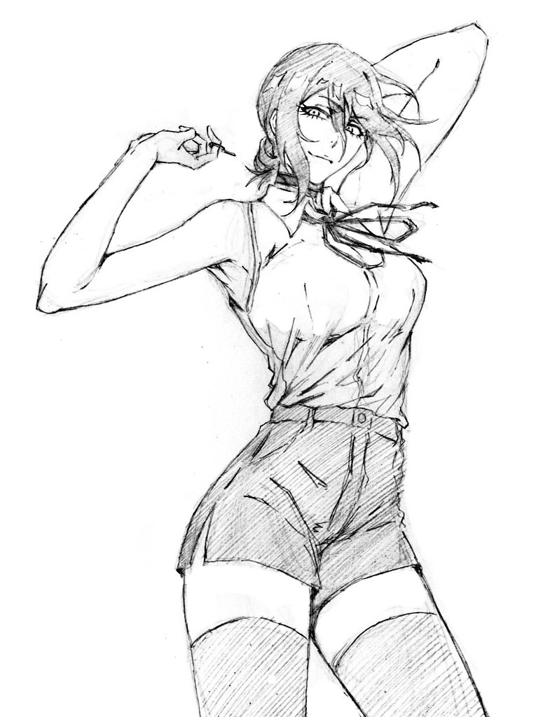 rakusakugk, reze (chainsaw man), chainsaw man, arm behind head, armpits, bare arms, bare shoulders, black choker, black ribbon, black shorts, black thighhighs, breasts, choker, collared shirt, cowboy shot, grenade pin, greyscale, hair between eyes, hair bun, high-waist shorts, kubo tite (style), light smile, medium breasts, medium hair, monochrome, neck ribbon, ribbon, shirt, shorts, sketch, sleeveless, sleeveless shirt, thighhighs, updo, white background, white shirt