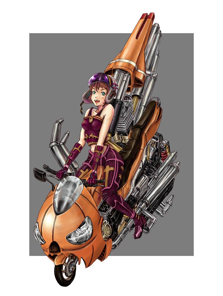 shimashima (artist), original, vehicle, brown hair, gloves, green eyes, helmet, simple background, solo