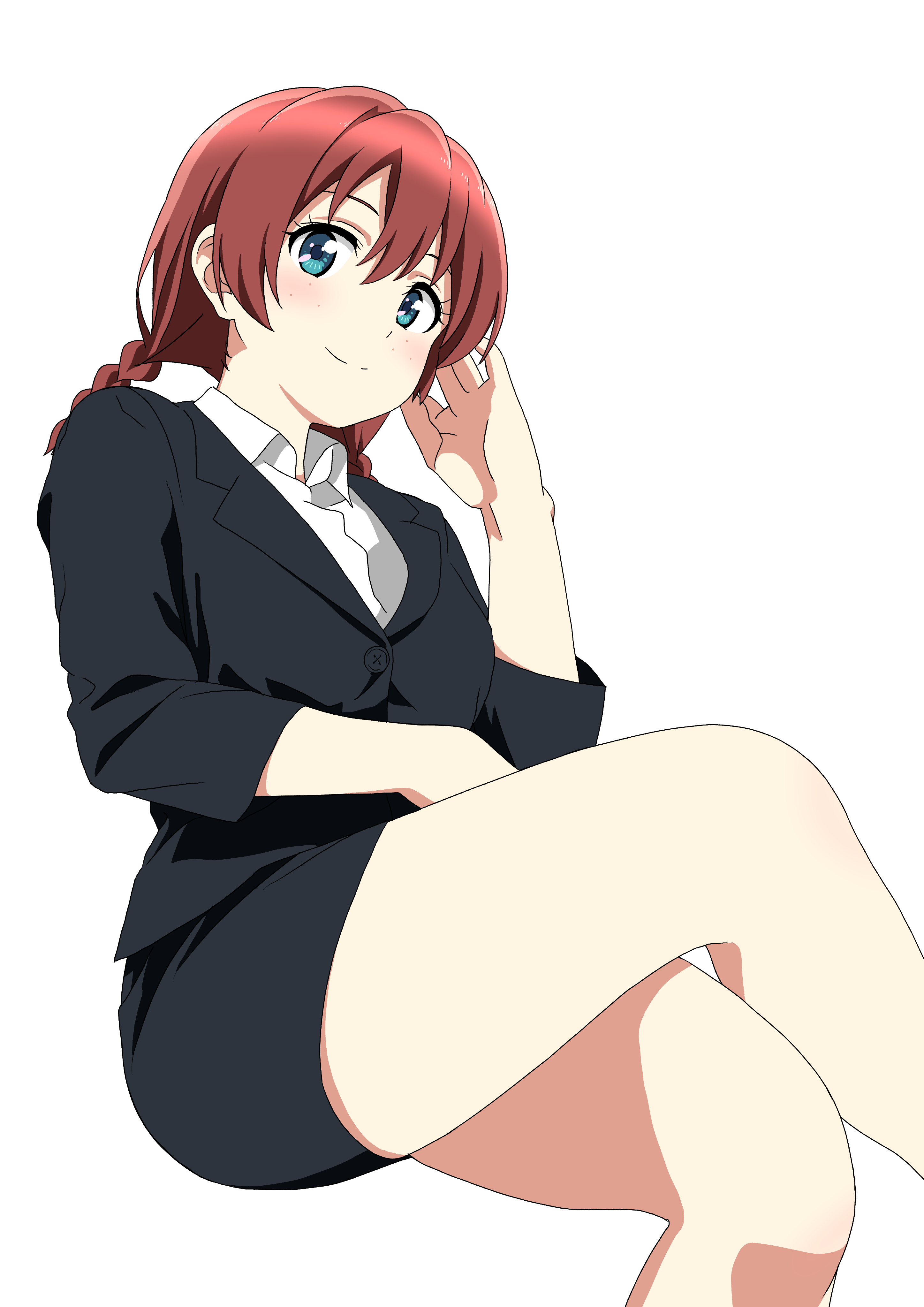 rainen no natsu mo, emma verde, love live!, love live! nijigasaki high school idol club, absurdres, commentary request, highres, 1girl, black jacket, black skirt, blue eyes, blush, braid, brown hair, closed mouth, collared shirt, crossed legs, freckles, hair between eyes, jacket, long hair, long sleeves, looking at viewer, low twin braids, office lady, shirt, simple background, skirt, smile, solo, thighs, twin braids, white background, white shirt