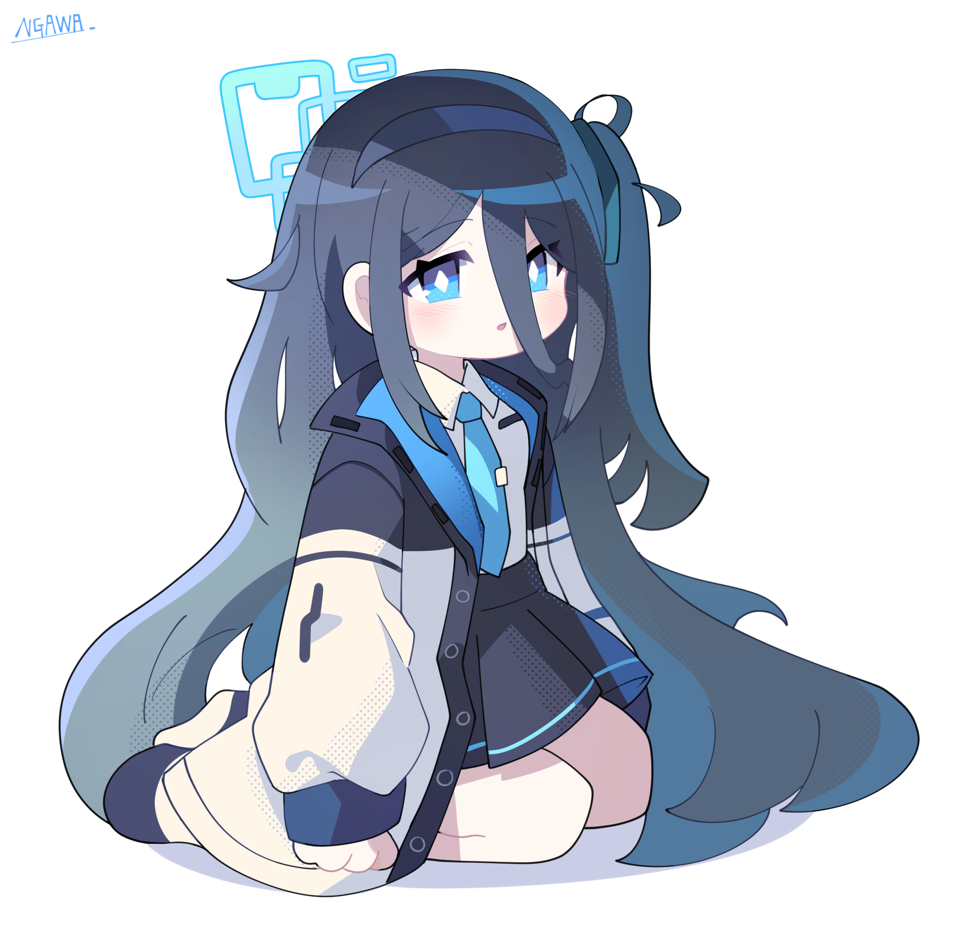 ngawa, aris (blue archive), blue archive, commentary, highres, 1girl, arms at sides, artist name, black hairband, black jacket, black skirt, blue eyes, blue halo, blue jacket, blue necktie, blush, bright pupils, collared shirt, deformed, diamond-shaped pupils, diamond (shape), full body, grey hair, hair between eyes, hairband, halo, jacket, long bangs, long hair, long hair between eyes, long sleeves, looking at viewer, multicolored jacket, necktie, one side up, open clothes, open jacket, parted lips, pleated skirt, puffy long sleeves, puffy sleeves, rectangular halo, school uniform, seiza, shirt, shoes, sidelocks, signature, simple background, sitting, skirt, solo, symbol-shaped pupils, tie clip, very long hair, white background, white jacket, white pupils, white shirt