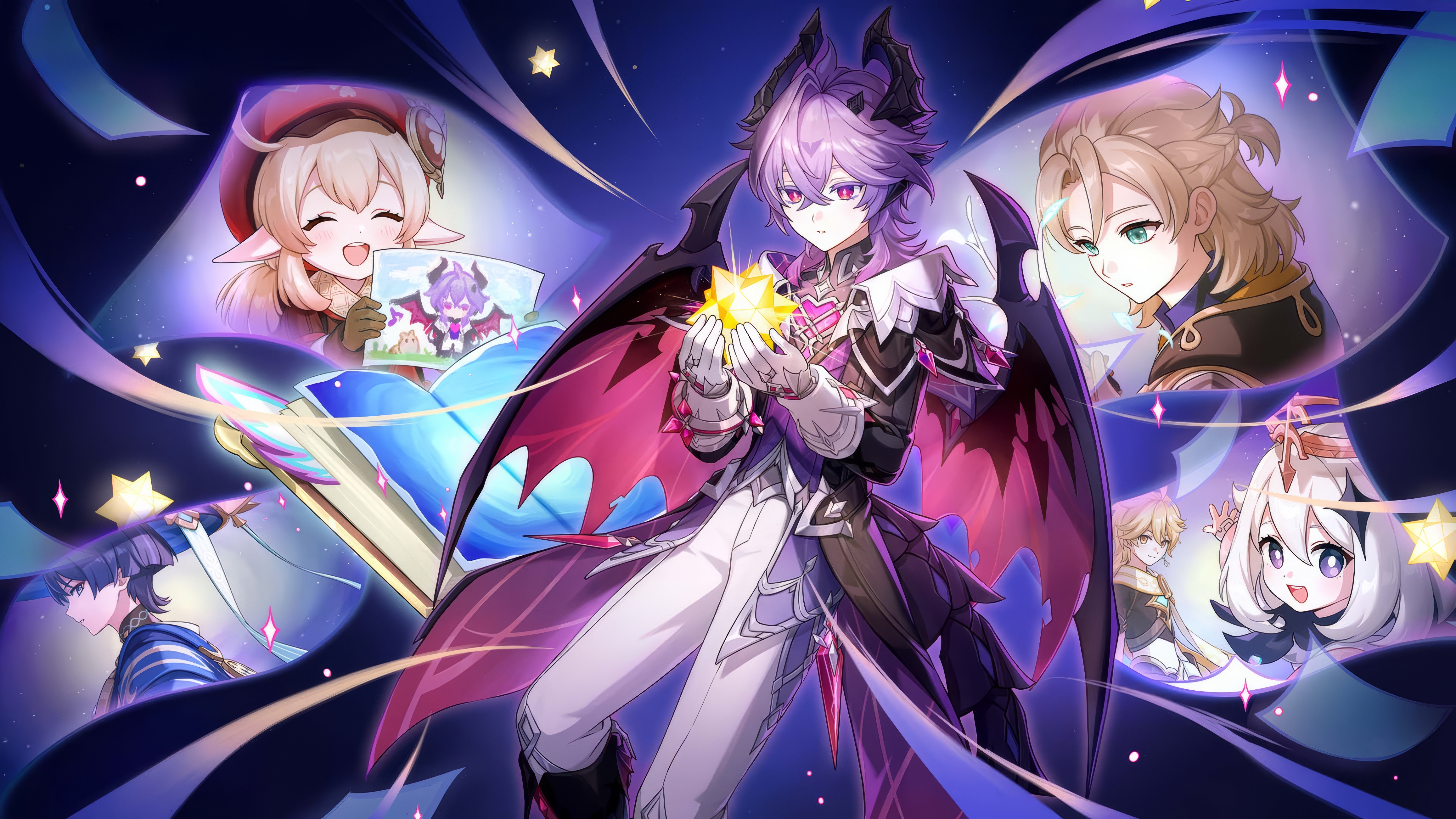 aether (genshin impact), albedo (genshin impact), klee (genshin impact), mini durin (genshin impact), mini durin (human) (genshin impact), paimon (genshin impact), scaramouche (genshin impact), wanderer (genshin impact), genshin impact, absurdres, highres, official art, 2girls, 4boys, aqua eyes, black coat, black hair, black hood, black jacket, blonde hair, blunt ends, brown gloves, closed eyes, coat, dragon horns, dragon wings, gloves, hair between eyes, hair ornament, halo, hat, horns, jacket, japanese clothes, long hair, long sleeves, low twintails, multiple boys, multiple girls, open mouth, pants, pink eyes, pointy ears, purple hair, purple vest, star (symbol), star hair ornament, twintails, vest, white gloves, white hair, white pants, wings, yellow eyes