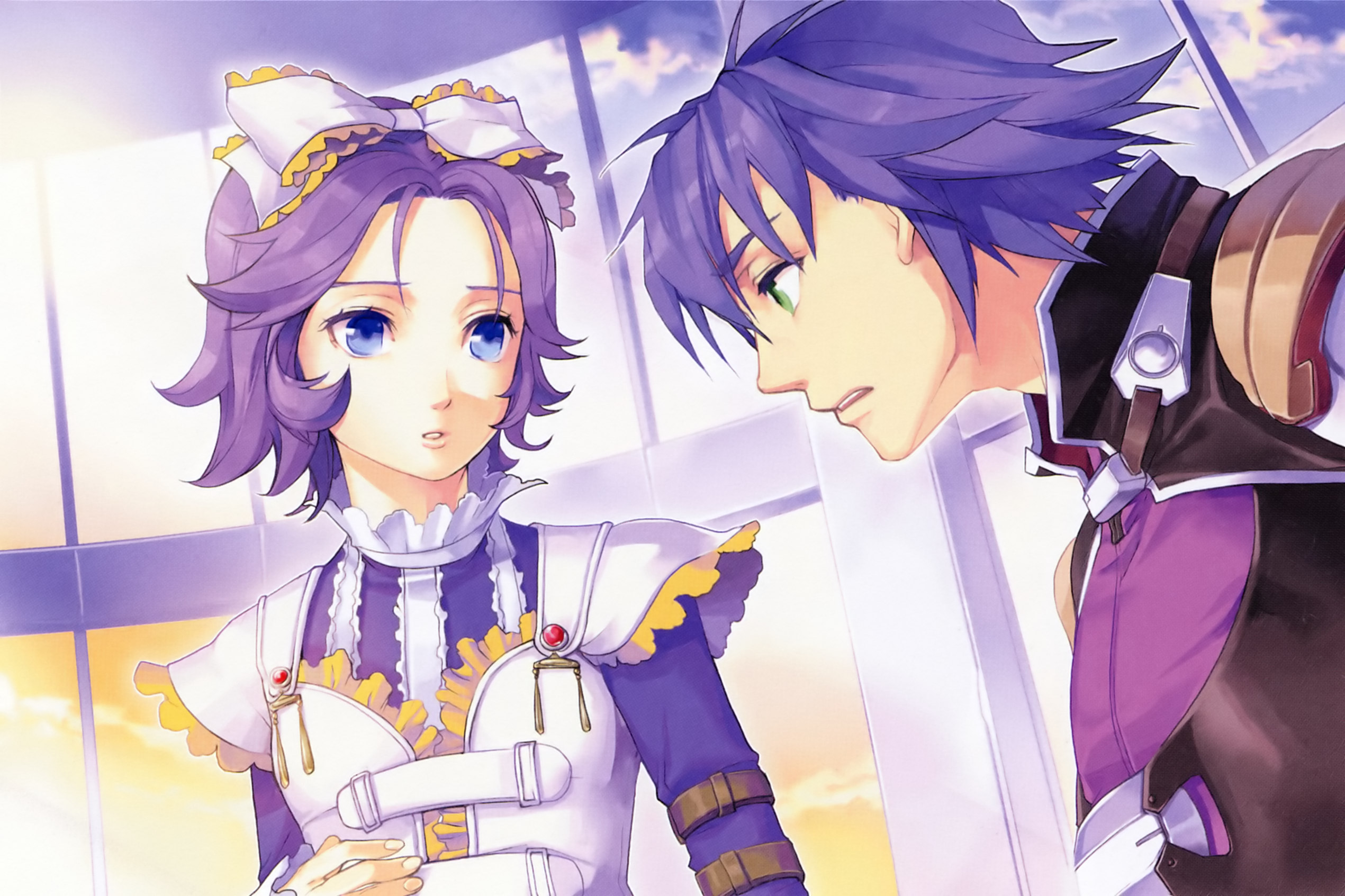 yuikawa kazuno, arado balanga, latune subbota, banpresto, super robot wars, super robot wars original generation, highres, blue eyes, bow, dress, frills, goth fashion, green eyes, hair bow, purple hair, ribbon, short hair, wide sleeves