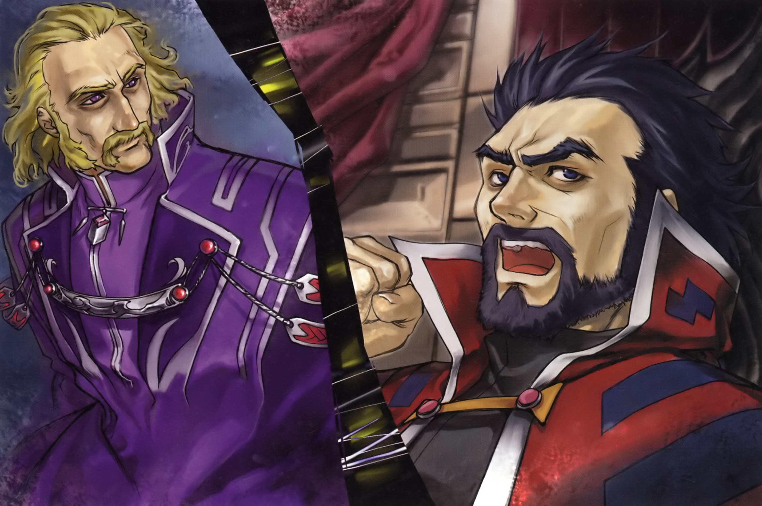 ichimura yuu, bian zoldark, maier v branstein, banpresto, super robot wars, super robot wars original generation, highres, 2boys, beard, facial hair, male focus, multiple boys, mustache