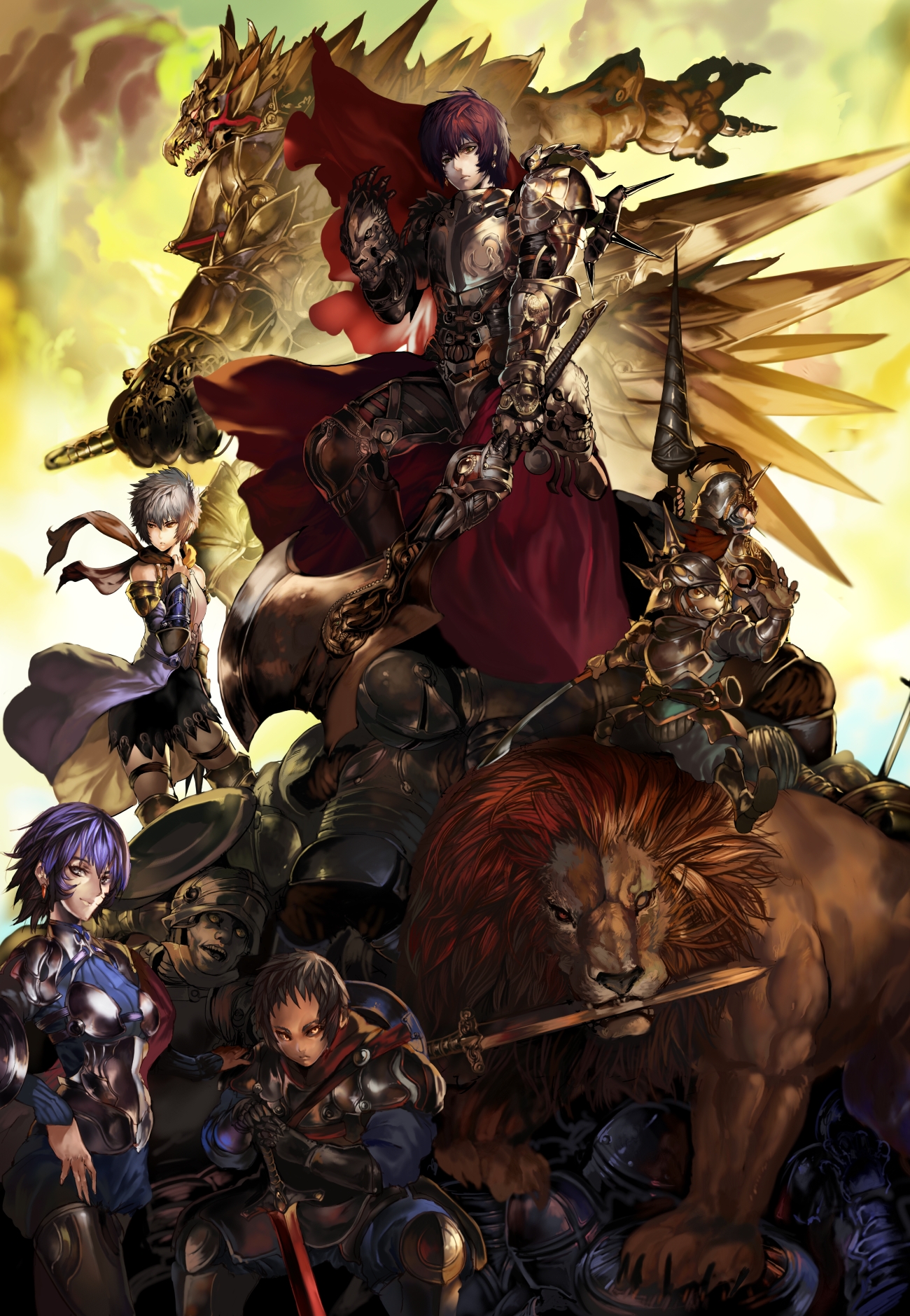 eel (artist), bad id, bad pixiv id, highres, 2girls, 4boys, armor, axe, buckler, cape, everyone, helmet, lance, lion, multiple boys, multiple girls, polearm, shield, weapon