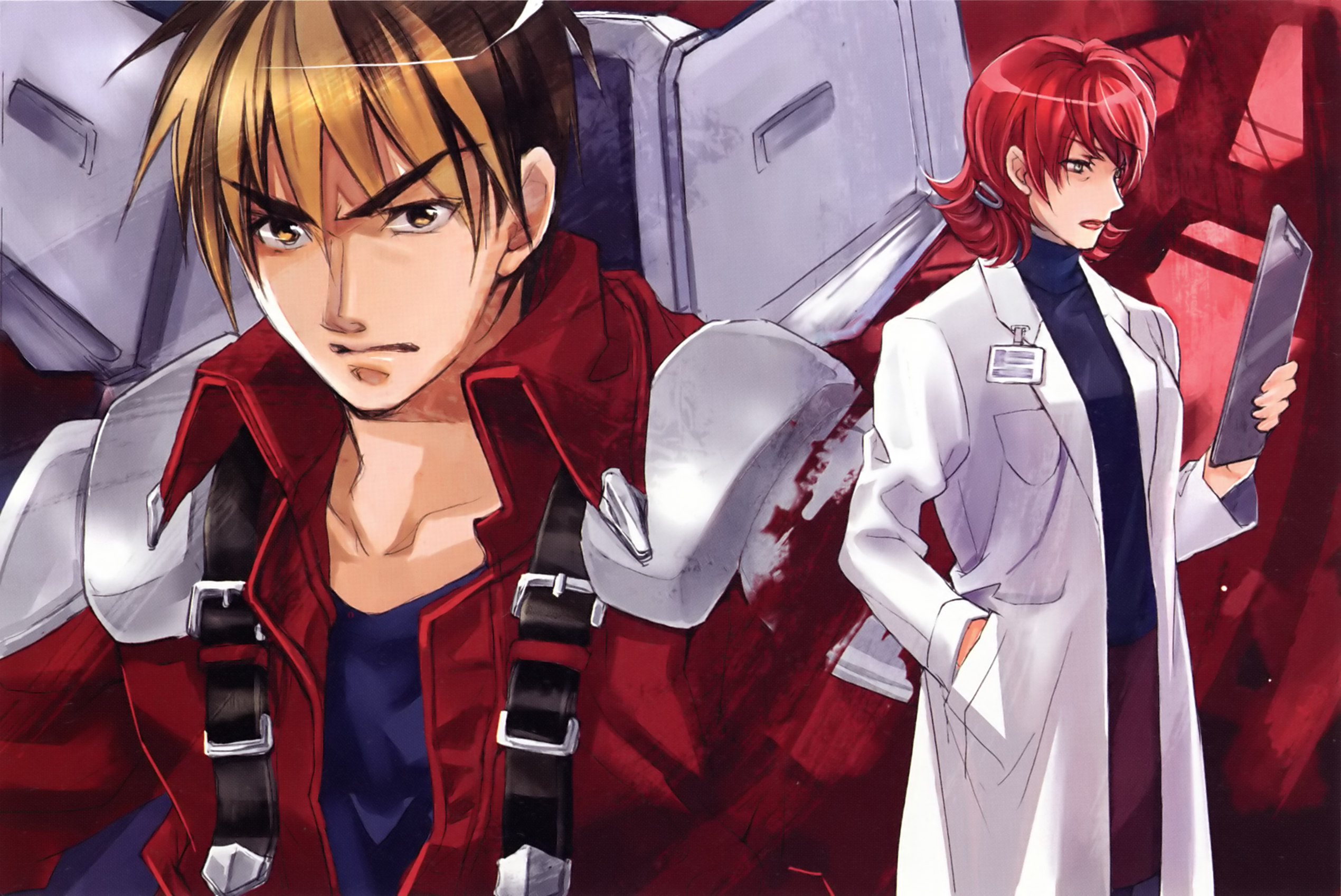 kuramoto kaya, kyousuke nanbu, marion radom, banpresto, super robot wars, super robot wars original generation, highres, brown hair, colored bangs, lab coat, multicolored hair, red hair, two-tone hair, yellow eyes