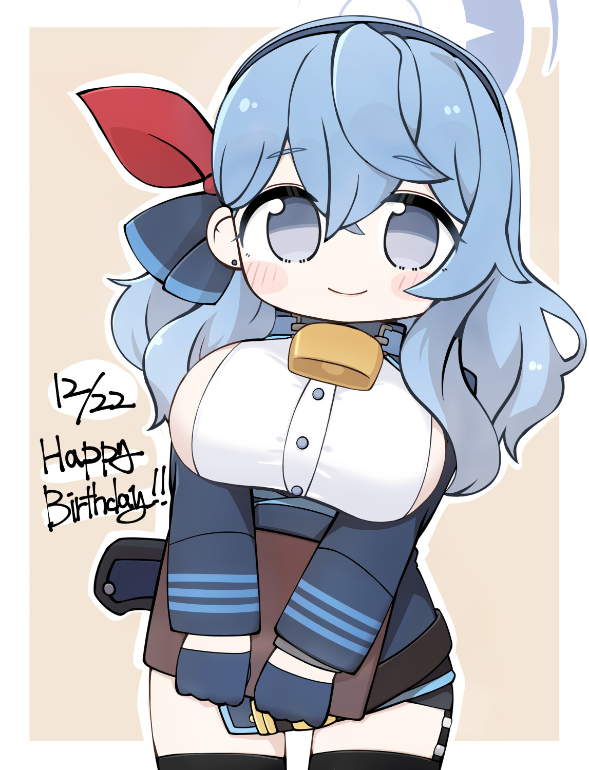 miranofuudoria, ako (blue archive), blue archive, highres, 1girl, bell, black skirt, black thighhighs, blue gloves, blue hair, blue hairband, blue jacket, blush stickers, border, breasts, brown background, chibi, closed mouth, cowboy shot, dated, earrings, garter straps, gloves, grey eyes, hair between eyes, hairband, half gloves, halo, happy birthday, holding, jacket, jewelry, large breasts, long sleeves, looking at viewer, neck bell, outline, sideboob, skirt, smile, solo, stud earrings, thighhighs, white border, white outline