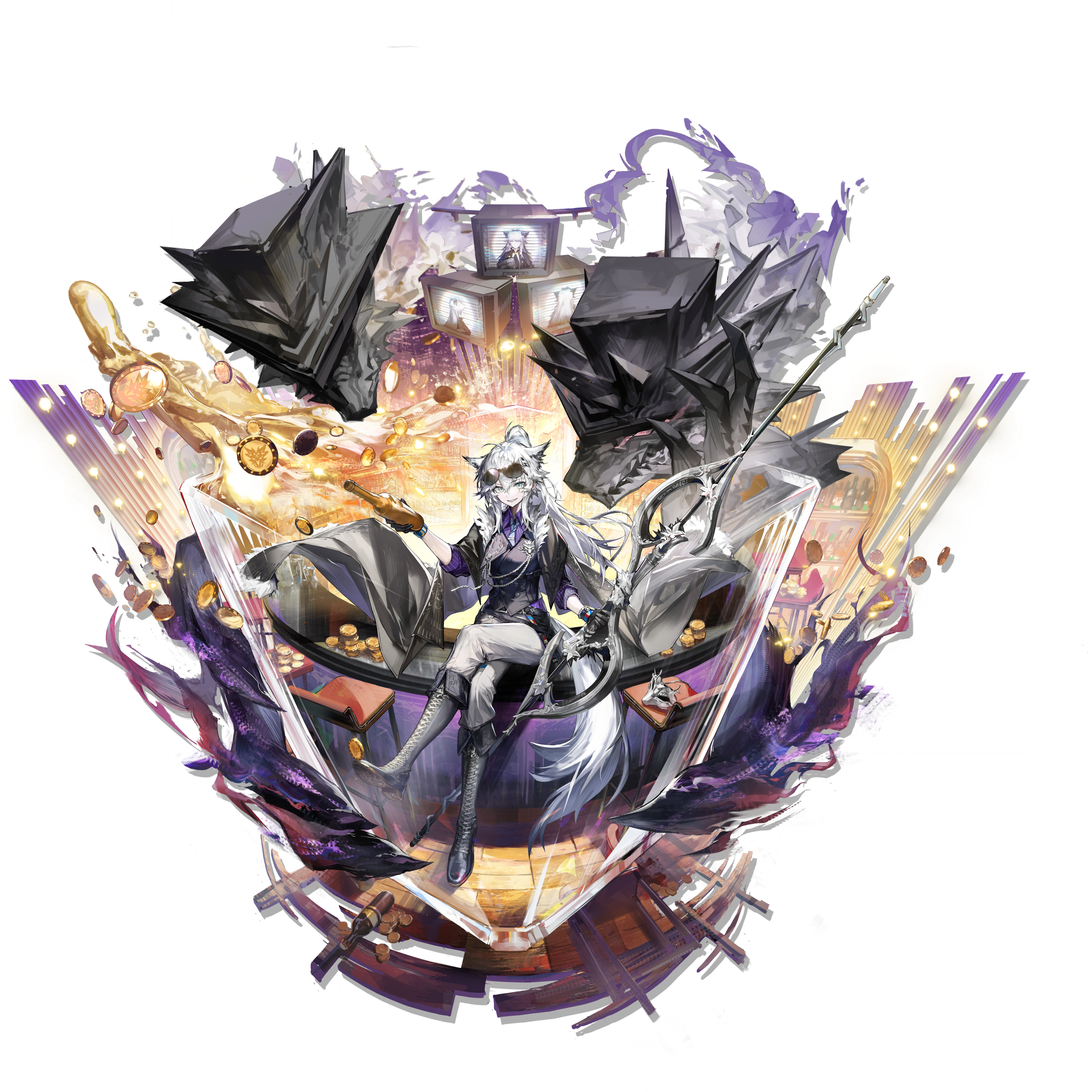 lappland (arknights), lappland the decadenza (arknights), lappland the decadenza (unruly humbleness) (arknights), arknights, absurdres, commentary, highres, official art, 1girl, aiguillette, animal ears, black boots, blue eyes, blue necktie, boots, collared shirt, crossed bangs, diagonal-striped clothes, diagonal-striped necktie, fur trim, grey hair, grey pants, grey tail, hair between eyes, hair ornament, hairclip, knee boots, lace-up boots, long hair, looking at viewer, necktie, pants, purple shirt, scar, scar across eye, scar on face, shirt, simple background, sleeves rolled up, smile, solo, split mouth, striped clothes, striped shirt, tail, vertical-striped clothes, vertical-striped shirt, wolf ears, wolf girl, wolf tail