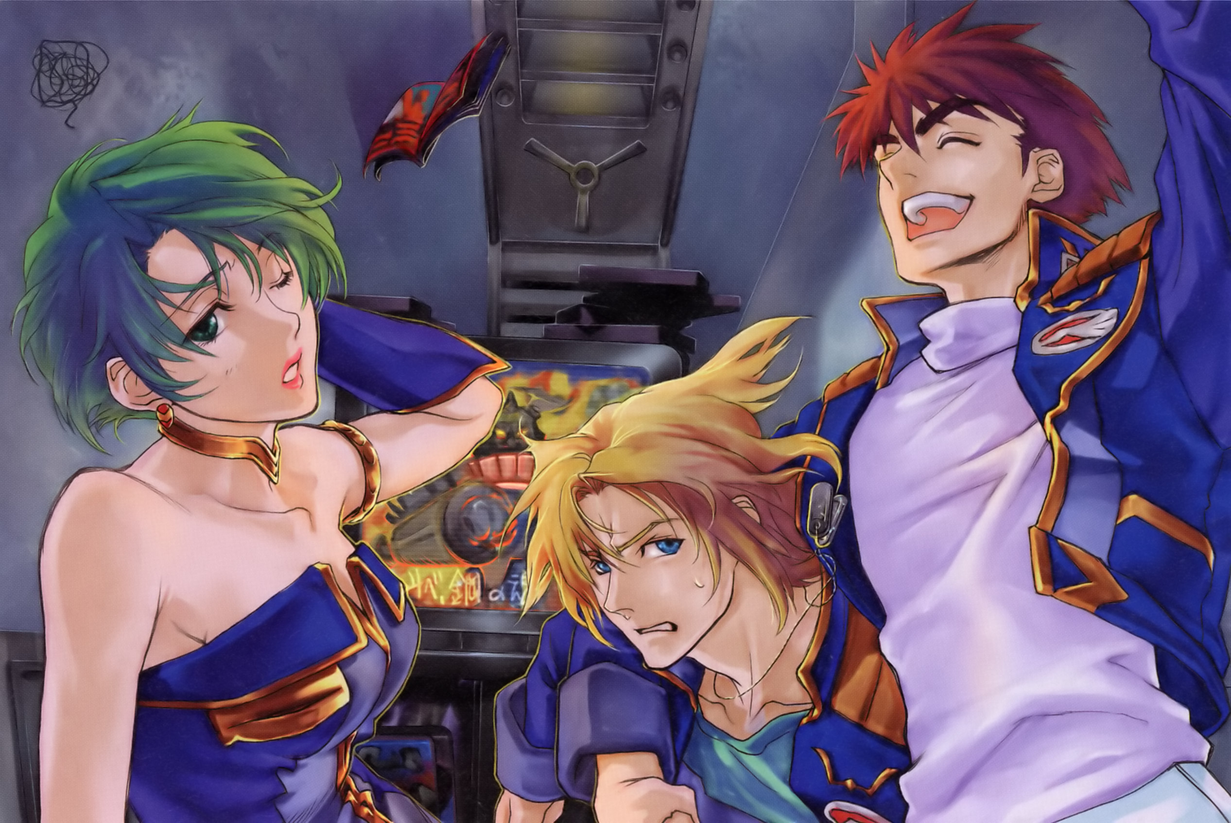 ichimura yuu, aya kobayashi, raidese f branstein, ryuusei date, banpresto, super robot wars, super robot wars original generation, highres, 1girl, 2boys, bare shoulders, blonde hair, brown hair, dog tags, earrings, elbow gloves, gloves, green hair, jewelry, multiple boys, television