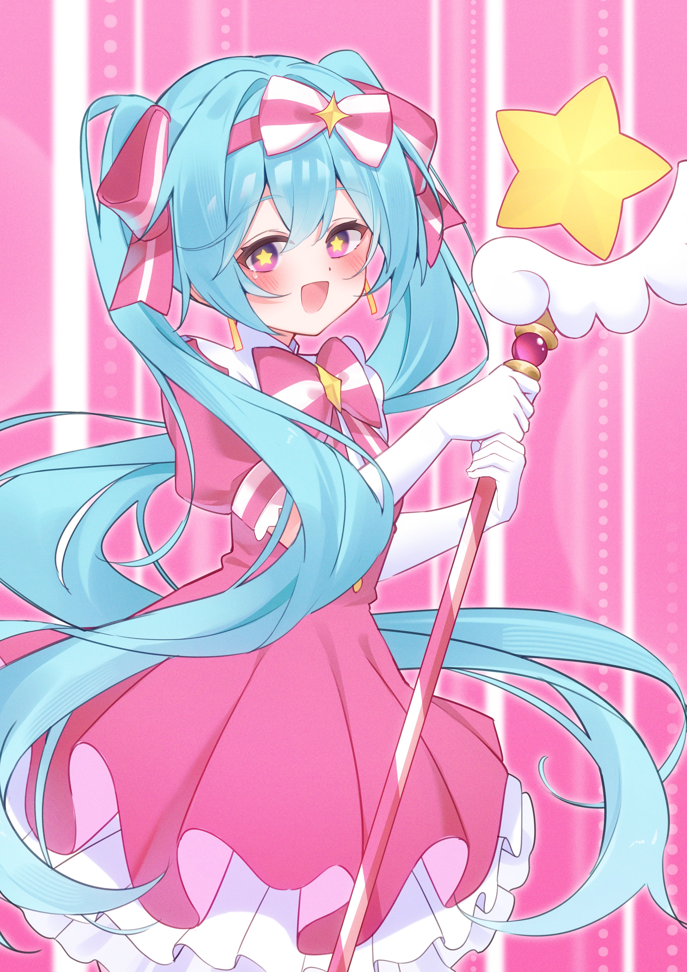 ryaru ryaru, hatsune miku, vocaloid, absurdres, highres, 1girl, aqua eyes, aqua hair, blush, bow, dress, gloves, hair between eyes, hair bow, hair ornament, hair ribbon, holding, holding wand, ima sugu rinne (vocaloid), long hair, looking at viewer, magical girl, open mouth, pink dress, pink ribbon, puffy short sleeves, puffy sleeves, ribbon, short sleeves, smile, solo, star-shaped pupils, star (symbol), symbol-shaped pupils, twintails, very long hair, wand, white gloves