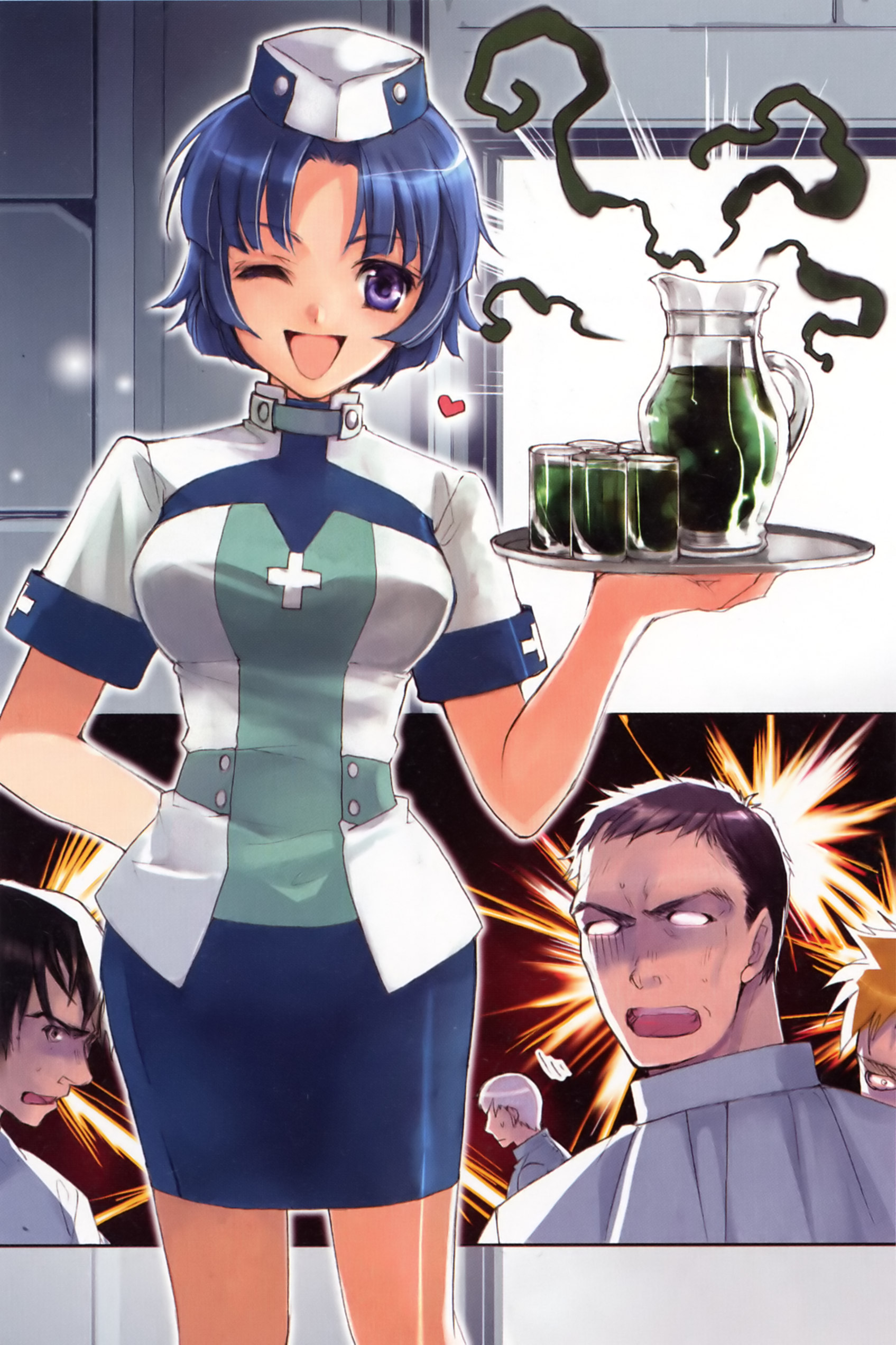 kuramoto kaya, kusuha mizuha, banpresto, super robot wars, absurdres, highres, scan, 1girl, 4boys, :d, arm behind back, bad food, blue eyes, blue hair, drink, glass, hat, heart, multiple boys, no eyes, one eye closed, open mouth, pencil skirt, pitcher (container), purple eyes, short hair, skirt, smile, surprised, tray, turn pale, wink