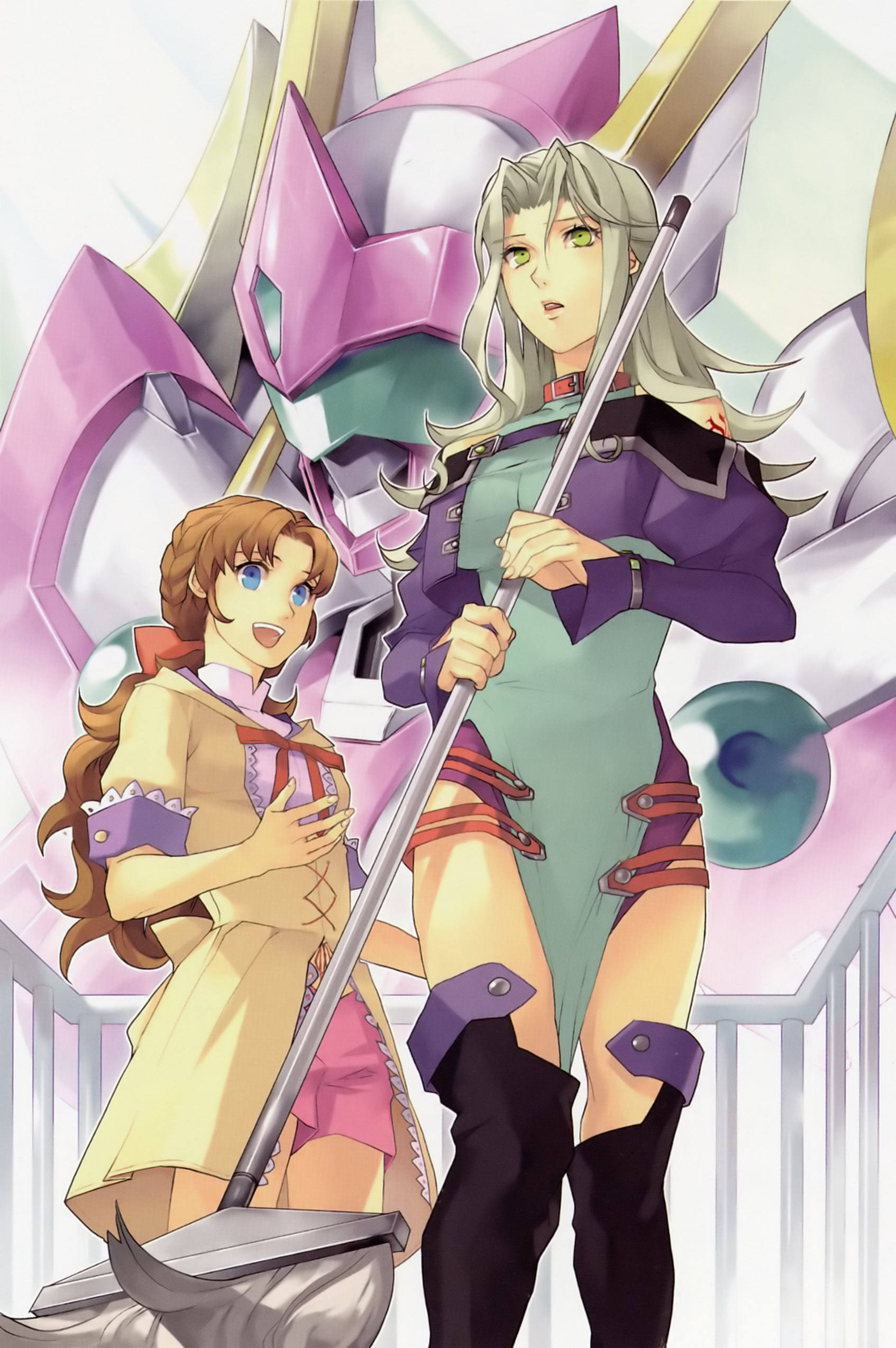 yuikawa kazuno, angelg, lamia loveless, tsugumi takakura, banpresto, super robot wars, super robot wars original generation, absurdres, highres, 2girls, android, belt, blue eyes, boots, brown hair, collar, green eyes, green hair, knee boots, long hair, mecha, mop, multiple girls, ponytail, ribbon, robot, skirt, tattoo
