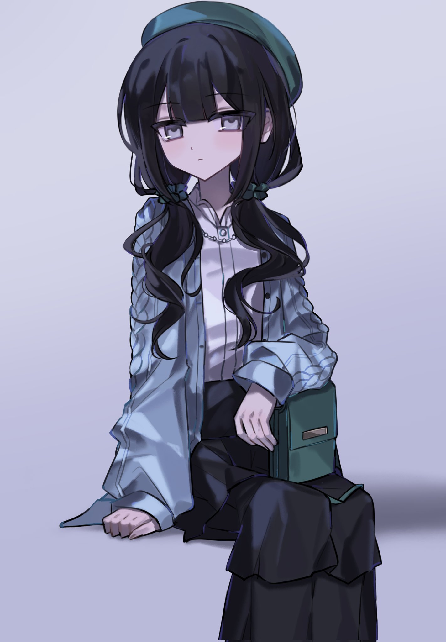 zetsuhika, kurobe nanoka, book off, mahou shoujo no majo saiban, hashtag-only commentary, highres, 1girl, beret, black hair, black skirt, blunt bangs, cardigan, closed mouth, feet out of frame, green bag, grey background, grey eyes, hat, long hair, long sleeves, looking at viewer, low twintails, official alternate costume, shirt, sitting, skirt, solo, twintails, white shirt