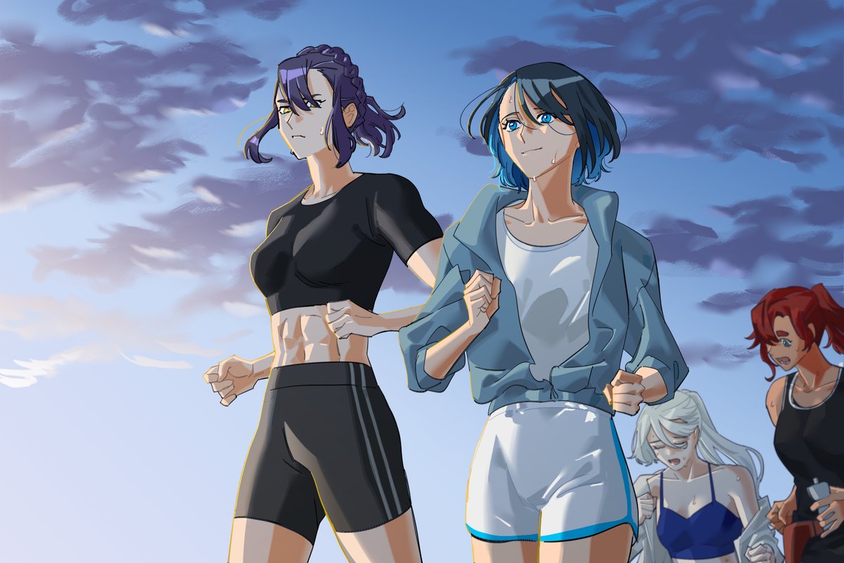 snapagi, miorine rembran, nika nanaura, sabina fardin, suletta mercury, gundam, gundam suisei no majo, commentary request, korean commentary, 4girls, abs, black hair, black shirt, black shorts, black tank top, blue camisole, blue eyes, blue hair, blue jacket, blue sky, braid, breasts, camisole, closed eyes, closed mouth, colored inner hair, crop top, crown braid, jacket, jogging, medium breasts, morning, multicolored hair, multiple girls, muscular, muscular female, open mouth, outdoors, ponytail, purple hair, red hair, shirt, shorts, sky, smile, sweat, tank top, thick eyebrows, white hair, white shirt, white shorts