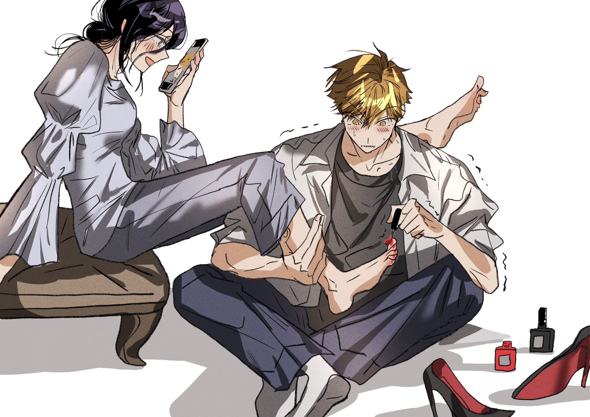 denji (chainsaw man), reze (chainsaw man), chainsaw man, highres, 1boy, 1girl, applying pedicure, barefoot, black pants, black shirt, black shoes, blonde hair, blush, breasts, busuttt, collared shirt, cosmetics, couple, green eyes, grey pants, hair between eyes, hair bun, hetero, high heels, holding, holding another's leg, holding phone, indian style, long sleeves, medium breasts, medium hair, nail polish, nail polish bottle, nail polish brush, open mouth, painting toenails, pants, phone, puffy long sleeves, puffy sleeves, pumps, purple hair, red nails, shirt, shirt under shirt, shoes, short hair, sitting, smile, socks, sweatdrop, toenail polish, toenails, trembling, unworn shoes, updo, white background, white shirt, white socks, yellow eyes