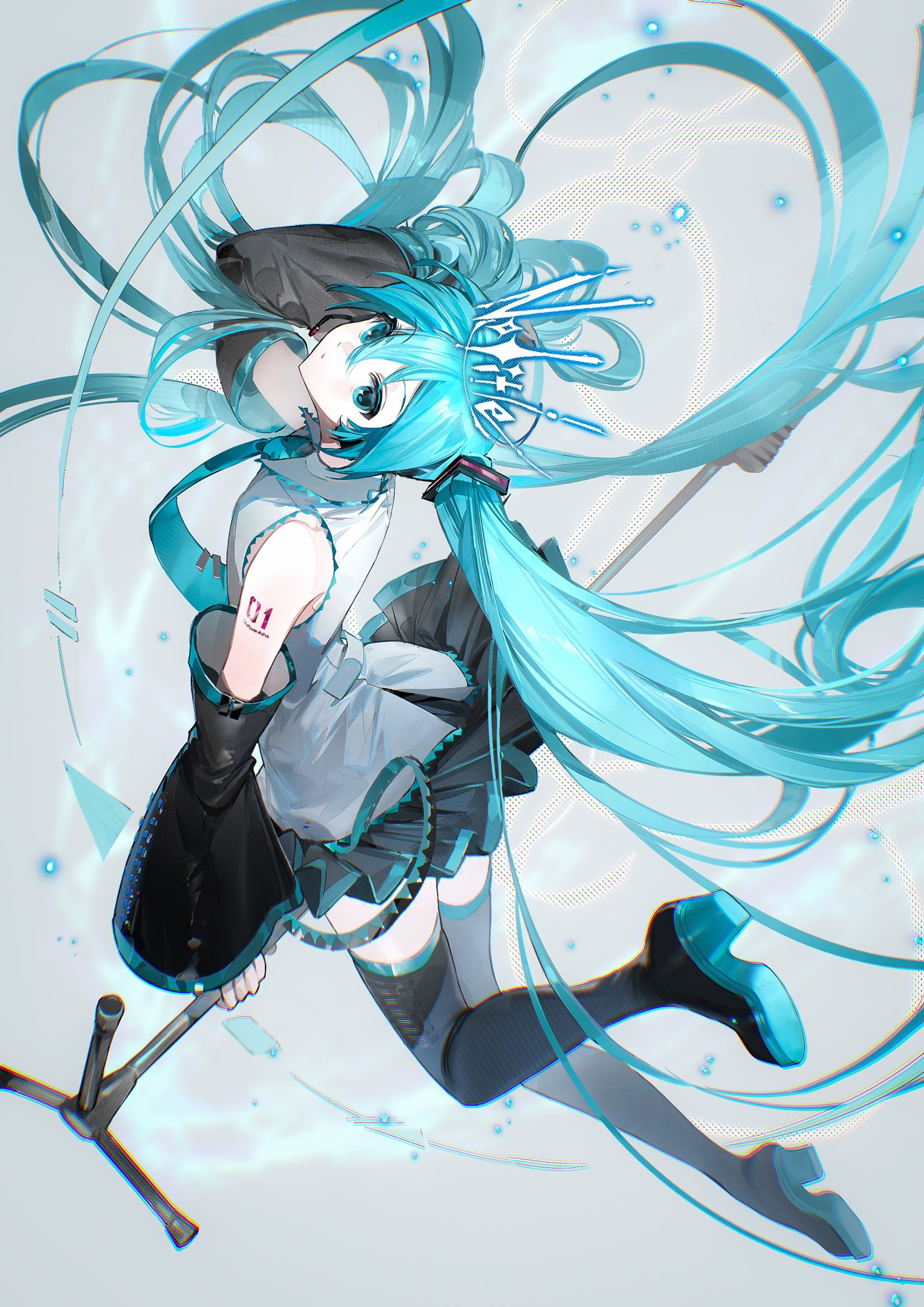 rumoon, hatsune miku, vocaloid, facing up, commentary, english commentary, highres, 1girl, aqua belt, aqua eyes, aqua hair, aqua necktie, aqua trim, bare shoulders, belt, black boots, black skirt, black sleeves, boots, collared shirt, colored shoe soles, detached sleeves, double-parted bangs, full body, grey background, grey shirt, holding, holding microphone stand, long hair, looking at viewer, loose belt, microphone stand, miniskirt, necktie, number tattoo, shirt, shoe soles, shoulder tattoo, skirt, sleeveless, sleeveless shirt, tattoo, thigh boots, tie clip, twintails, very long hair