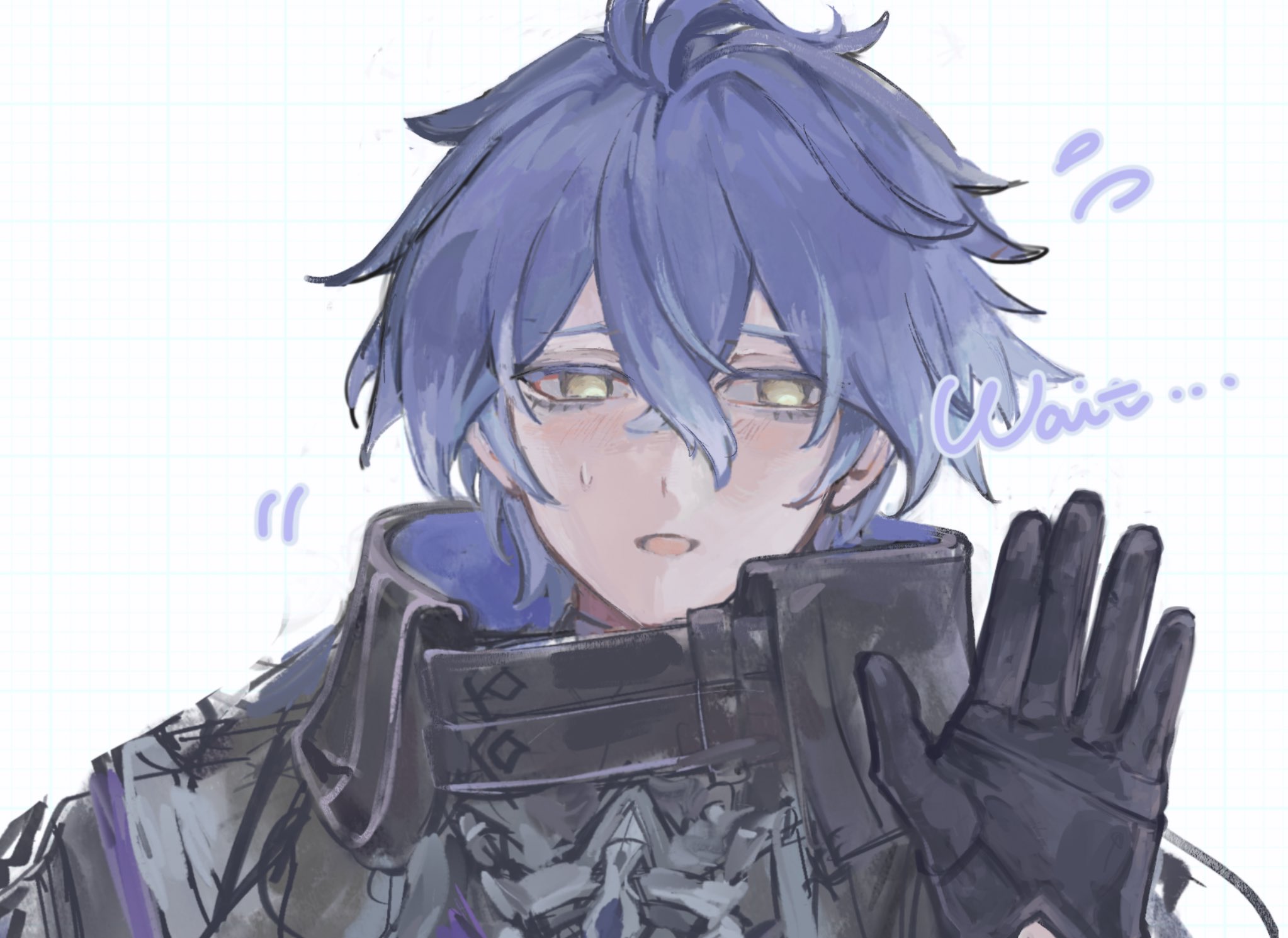 flins (genshin impact), genshin impact, commentary request, highres, 1boy, arm up, black gloves, blue hair, crossed bangs, double-parted bangs, eyelashes, flying sweatdrops, gloves, male focus, nervous sweating, open mouth, simple background, sketch, solo, sweat, tuturara33, upper body, white background, yellow eyes
