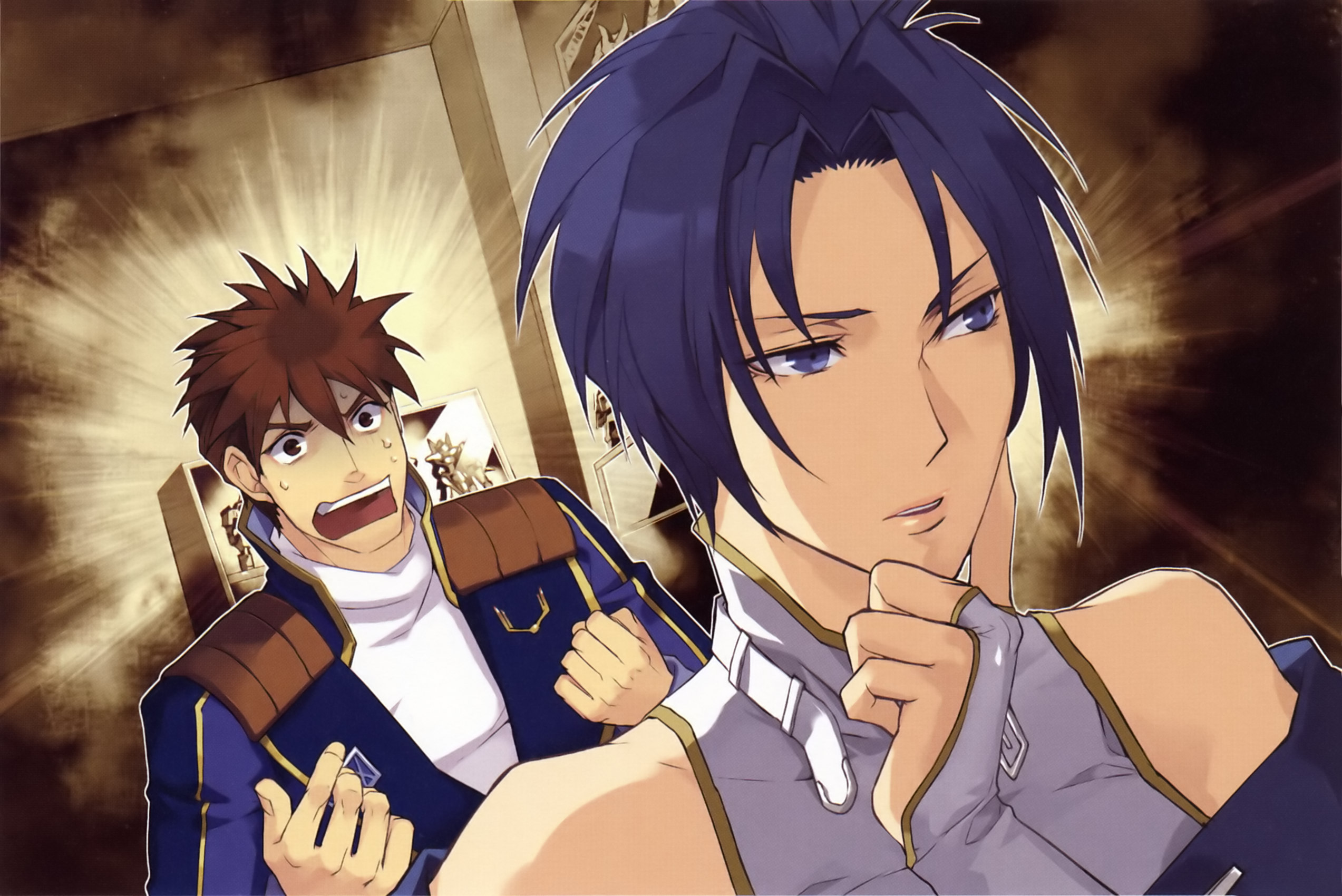 yuikawa kazuno, ryuusei date, viletta badam, banpresto, super robot wars, super robot wars original generation, highres, bare shoulders, blue eyes, blue hair, bridal gauntlets, brown eyes, brown hair, short hair