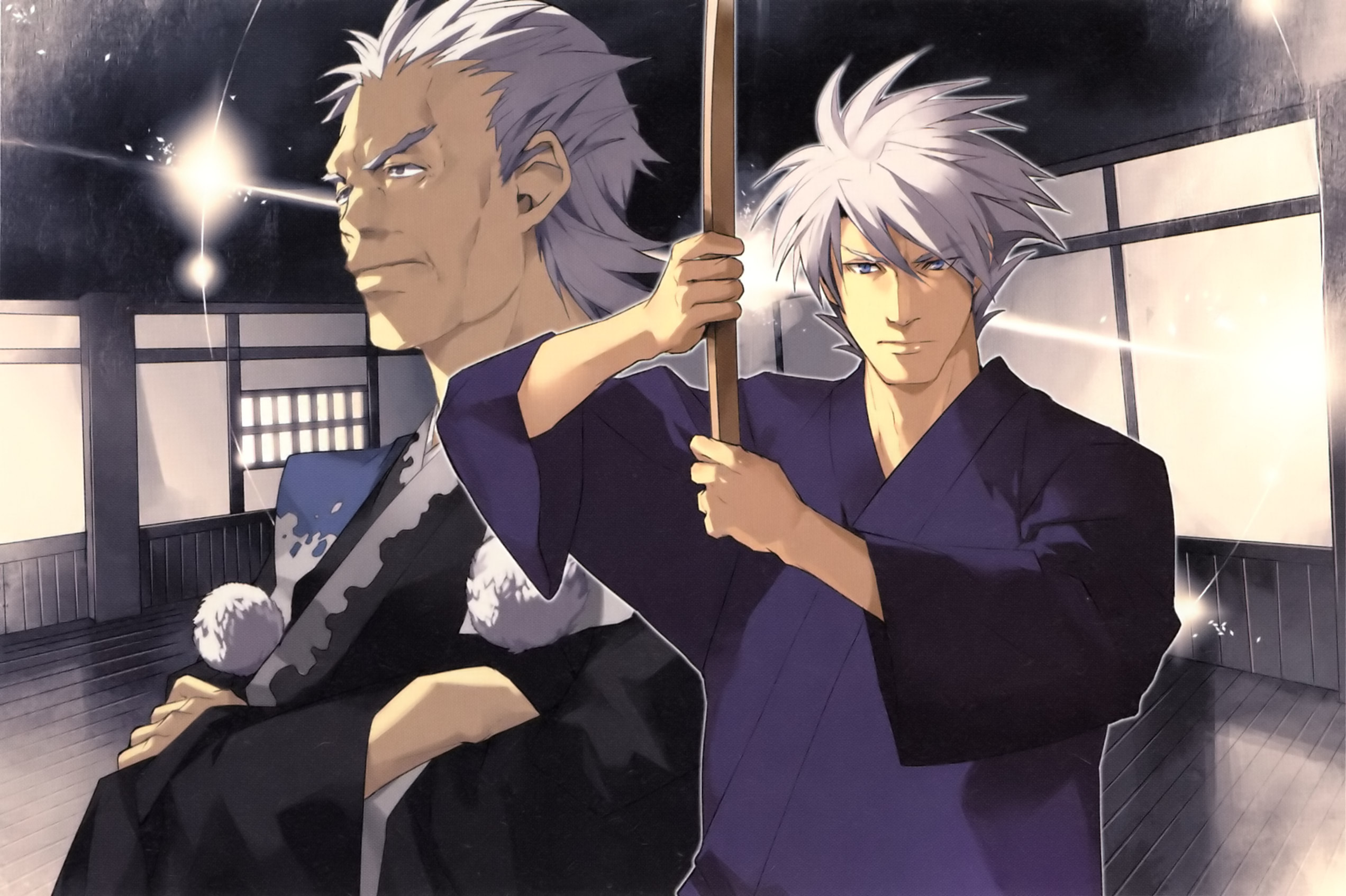 yuikawa kazuno, rishu tougou, sanger zonvolt, banpresto, super robot wars, super robot wars original generation, silver hair, highres, 2boys, bokken, crossed arms, dojo, fighting stance, grey eyes, japanese clothes, male focus, multiple boys, old, samurai, short hair, spiked hair, sword, weapon, wooden sword