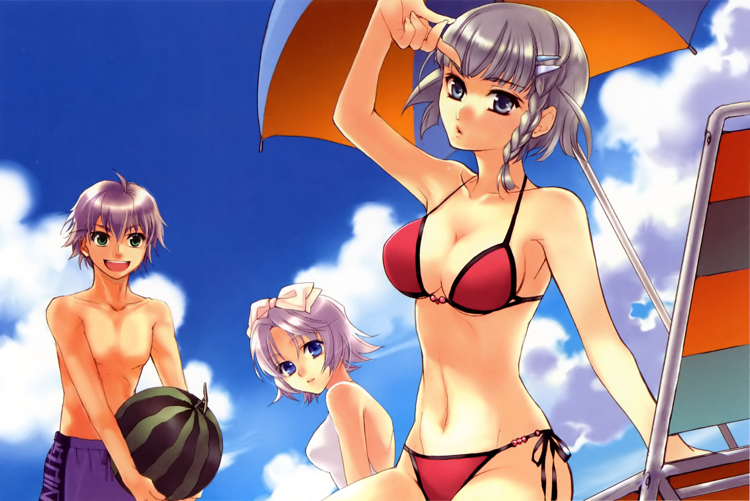 kuramoto kaya, arado balanga, latune subbota, seolla schweizer, banpresto, super robot wars, super robot wars original generation, silver hair, highres, 1boy, 2girls, artistic error, beach, bikini, bikini top only, blue eyes, bow, braid, breasts, cleavage, day, food, fruit, green eyes, hair bow, hair ornament, hairclip, large breasts, multiple girls, outdoors, purple hair, short hair, shorts, side-tie bikini bottom, swimsuit, watermelon