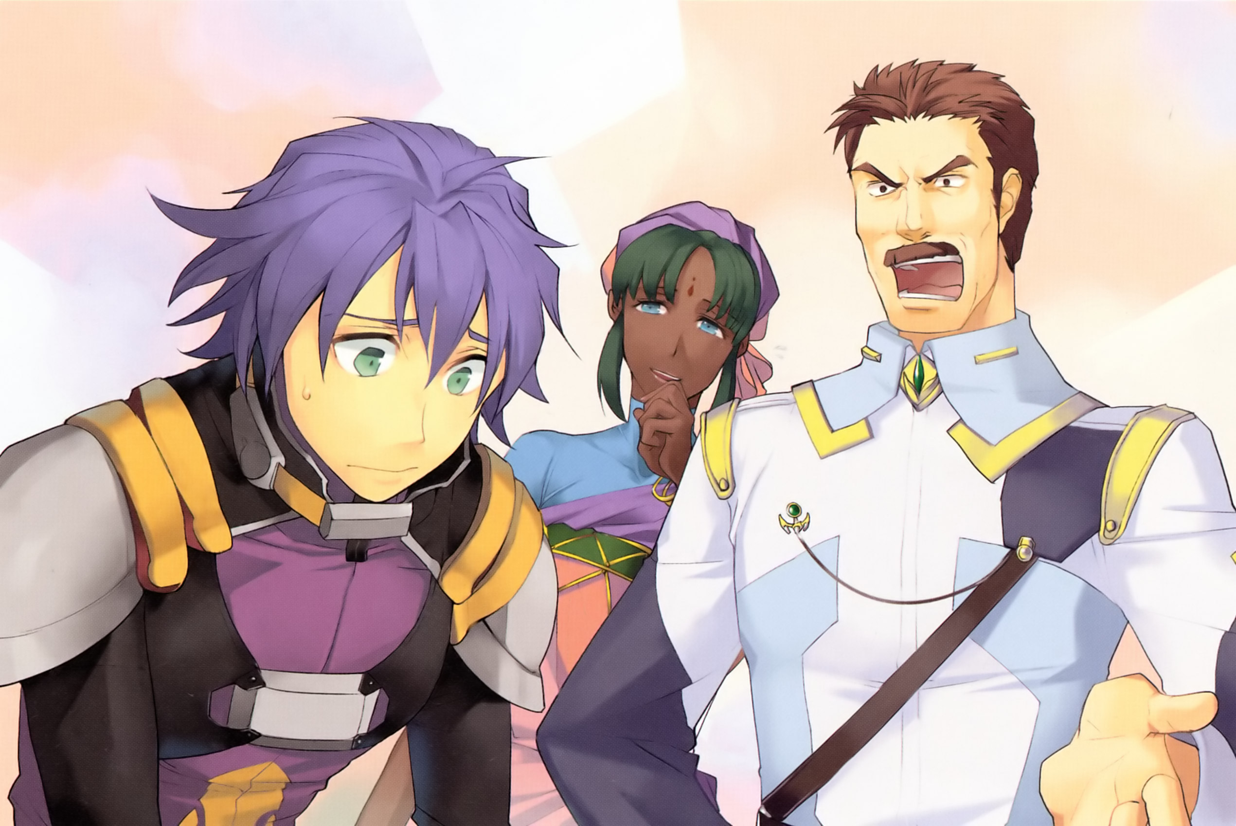 yuikawa kazuno, arado balanga, kai kitamura, radha bairaban, banpresto, super robot wars, super robot wars original generation, highres, 1girl, 2boys, bindi, blue eyes, brown eyes, brown hair, dark skin, facial hair, green eyes, green hair, indian, multiple boys, mustache, purple hair