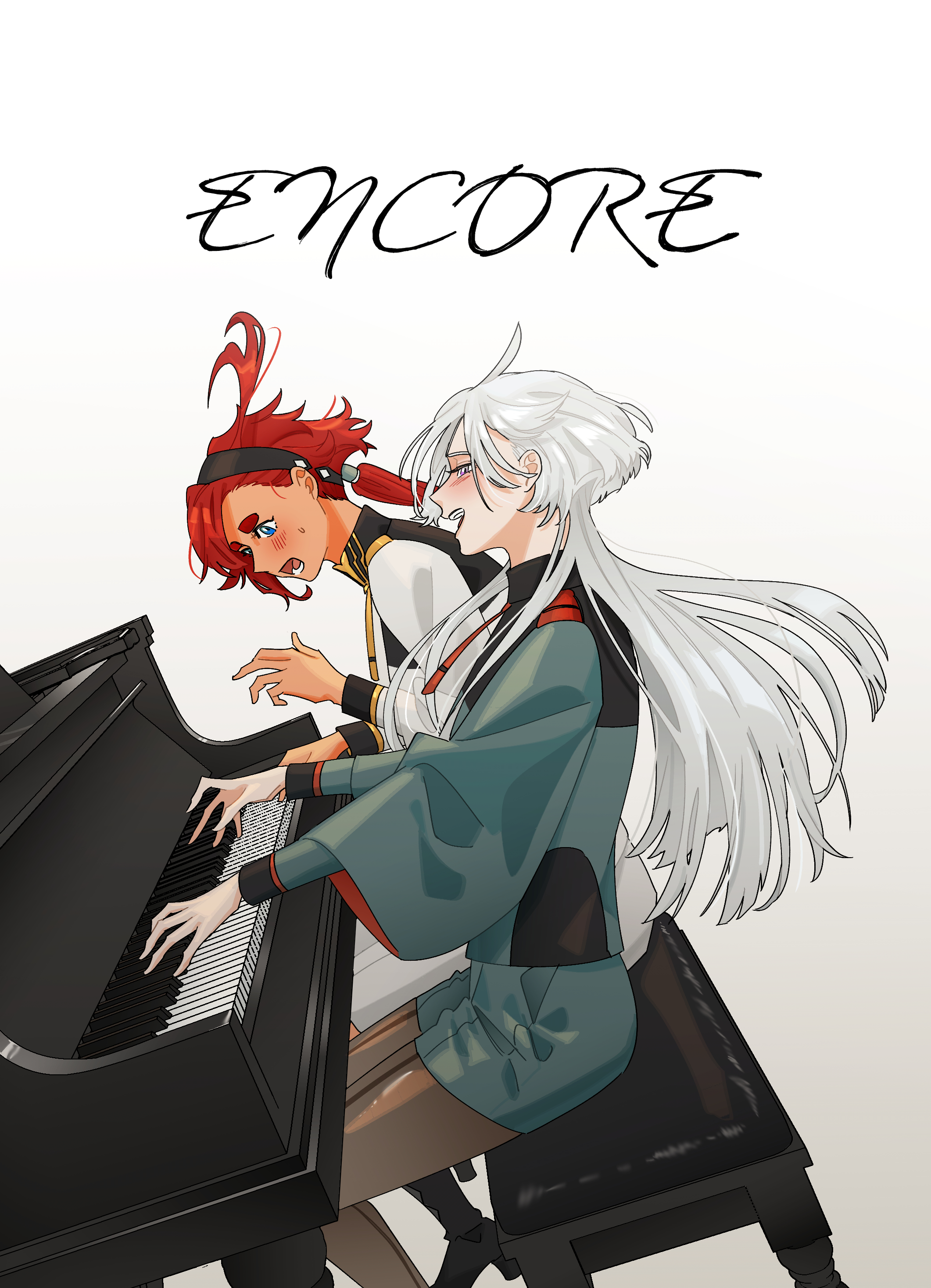 snapagi, miorine rembran, suletta mercury, gundam, gundam suisei no majo, absurdres, commentary request, highres, korean commentary, 2girls, asticassia school uniform, black boots, black pantyhose, blue eyes, blush, boots, english text, gradient background, grand piano, green jacket, green shorts, grey background, grey eyes, instrument, jacket, long hair, multiple girls, music, open mouth, pantyhose, piano, playing instrument, playing piano, ponytail, red hair, school uniform, shorts, singing, smile, sweat, thick eyebrows, white background, white hair, white jacket