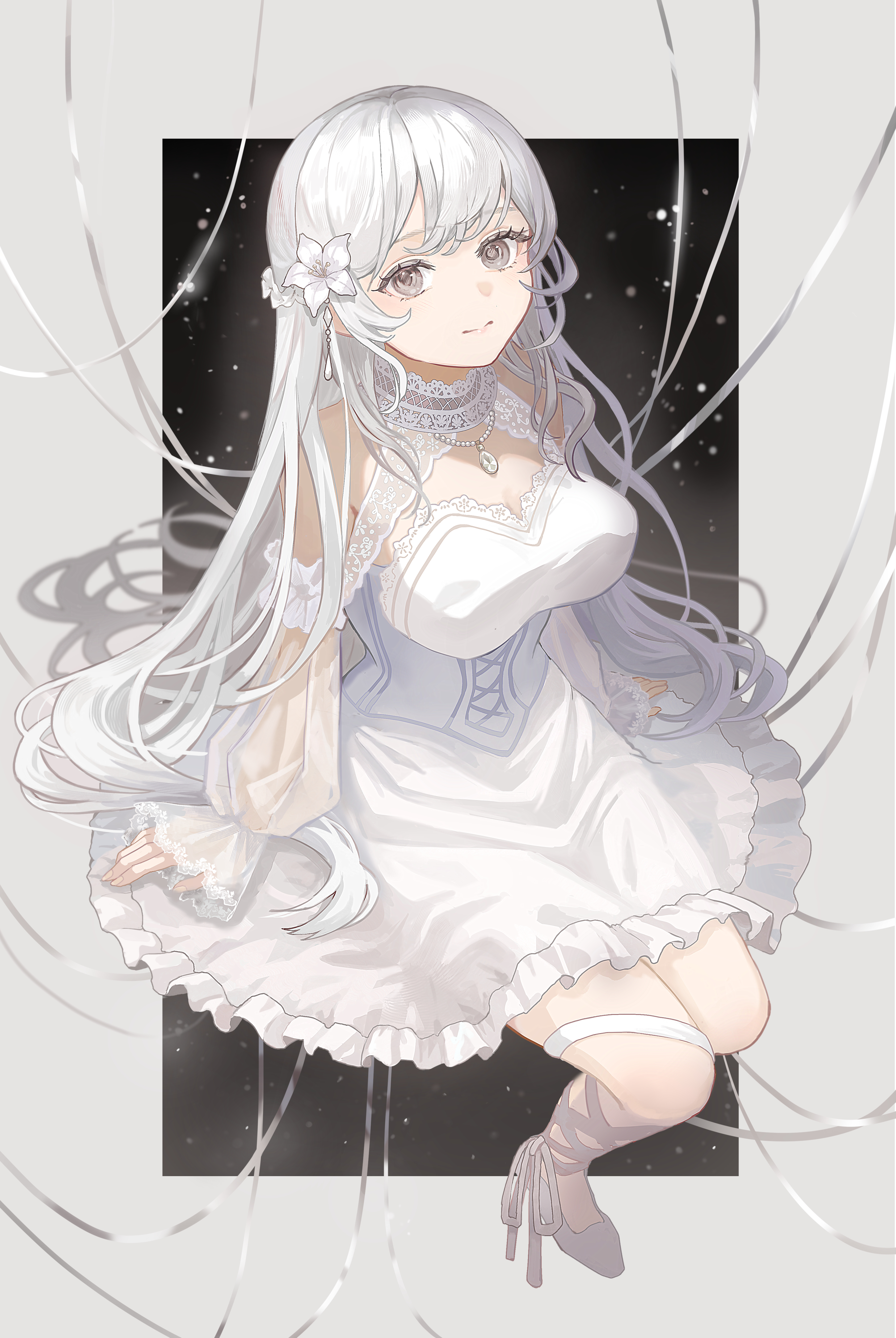 touchika, original, absurdres, commentary, commentary request, english commentary, highres, mixed-language commentary, partial commentary, 1girl, bare shoulders, breasts, detached sleeves, dress, flower, frilled dress, frilled sleeves, frills, grey eyes, hair flower, hair ornament, high heels, jewelry, looking at viewer, necklace, see-through clothes, solo, white dress, white hair