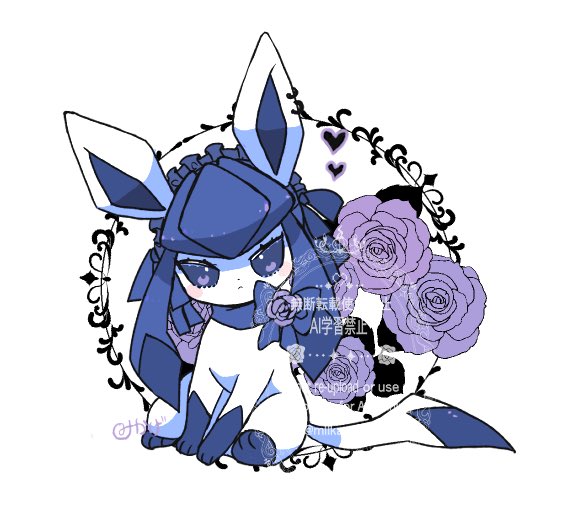 miikagell, glaceon, nintendo, pokemon, commentary request, animal focus, blue eyes, bow, closed mouth, flower, frills, gen 4 pokemon, hat, heart, looking at viewer, no humans, pokemon (creature), pokemon focus, purple flower, purple rose, rose, simple background, sitting, solo, twitter username, white background