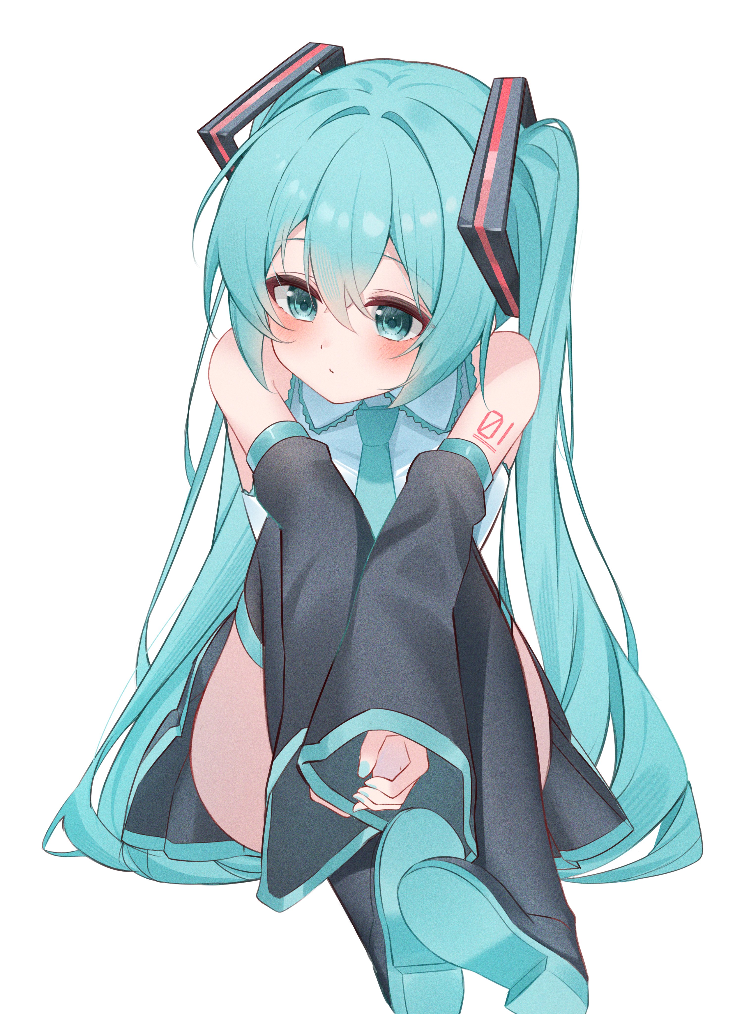 ryaru ryaru, hatsune miku, vocaloid, absurdres, highres, 1girl, aqua eyes, aqua hair, aqua nails, aqua necktie, aqua trim, arm tattoo, black skirt, black sleeves, blush, boots, collared shirt, detached sleeves, hair between eyes, hair ornament, long hair, long sleeves, miniskirt, necktie, number tattoo, pleated skirt, shirt, simple background, sitting, skirt, sleeveless, sleeveless shirt, solo, tattoo, thigh boots, twintails, very long hair, white background, white shirt, wide sleeves