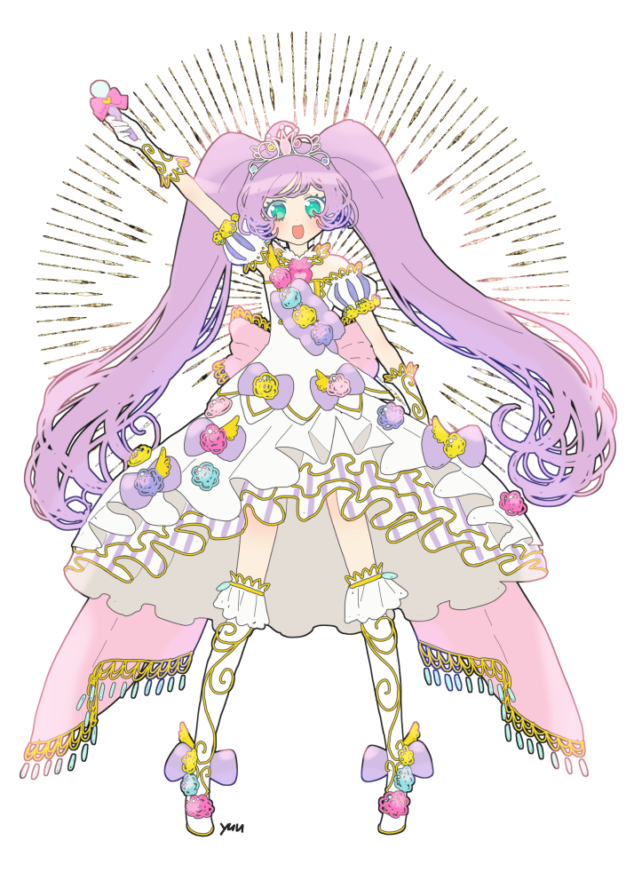 yu (prpyuu), manaka laala, pretty series, pripara, commentary request, 1girl, :d, ahoge, arm up, boots, detached sleeves, dress, frilled dress, frills, full body, green eyes, holding, holding microphone, knee boots, long hair, looking at viewer, microphone, open mouth, outstretched arm, puffy detached sleeves, puffy sleeves, purple hair, smile, solo, standing, tiara, twintails, very long hair, white background, white boots, white dress