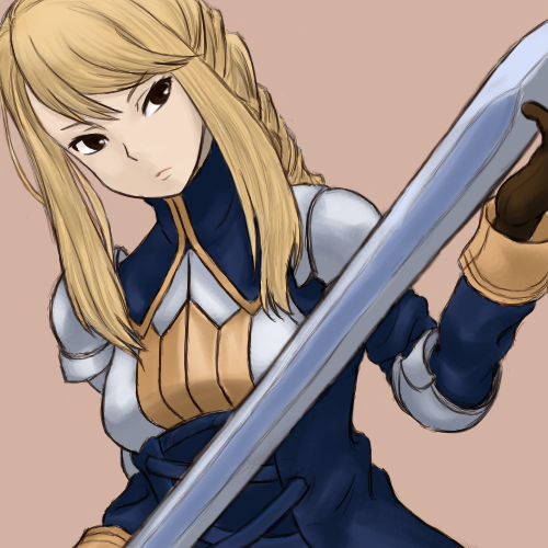 ayamal (mainichi ryokucha), green3246, agrias oaks, final fantasy, final fantasy tactics, lowres, armor, blonde hair, braid, braided ponytail, gloves, holding, holding sword, holding weapon, knight, long hair, pauldrons, red eyes, sheath, shoulder armor, single braid, solo, sword, unsheathing, weapon