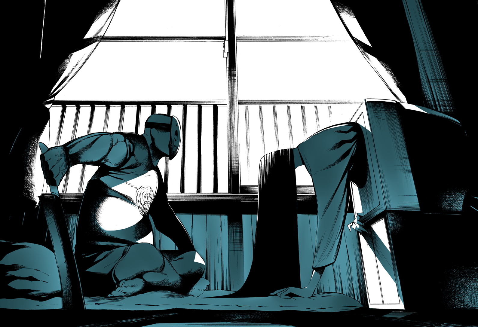 onigunsou, jason voorhees, yamamura sadako, friday the 13th, suzumiya haruhi no yuuutsu, the ring, 00s, 1boy, 1girl, blue theme, covered face, crossover, from below, from side, hockey mask, indoors, machete, mask, monochrome, sitting, television, through medium, through screen